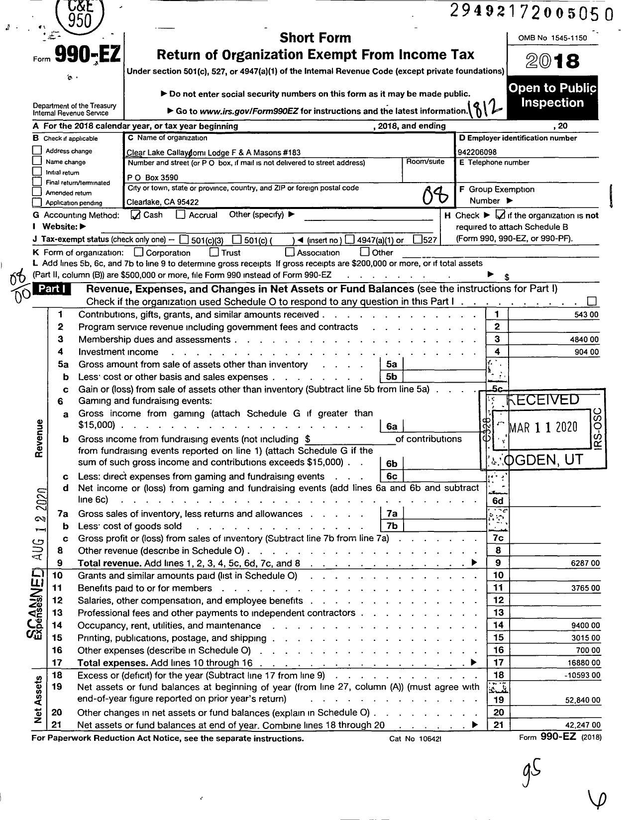 Image of first page of 2018 Form 990EO for Masons of California - 183 Clear Lake Callayomi