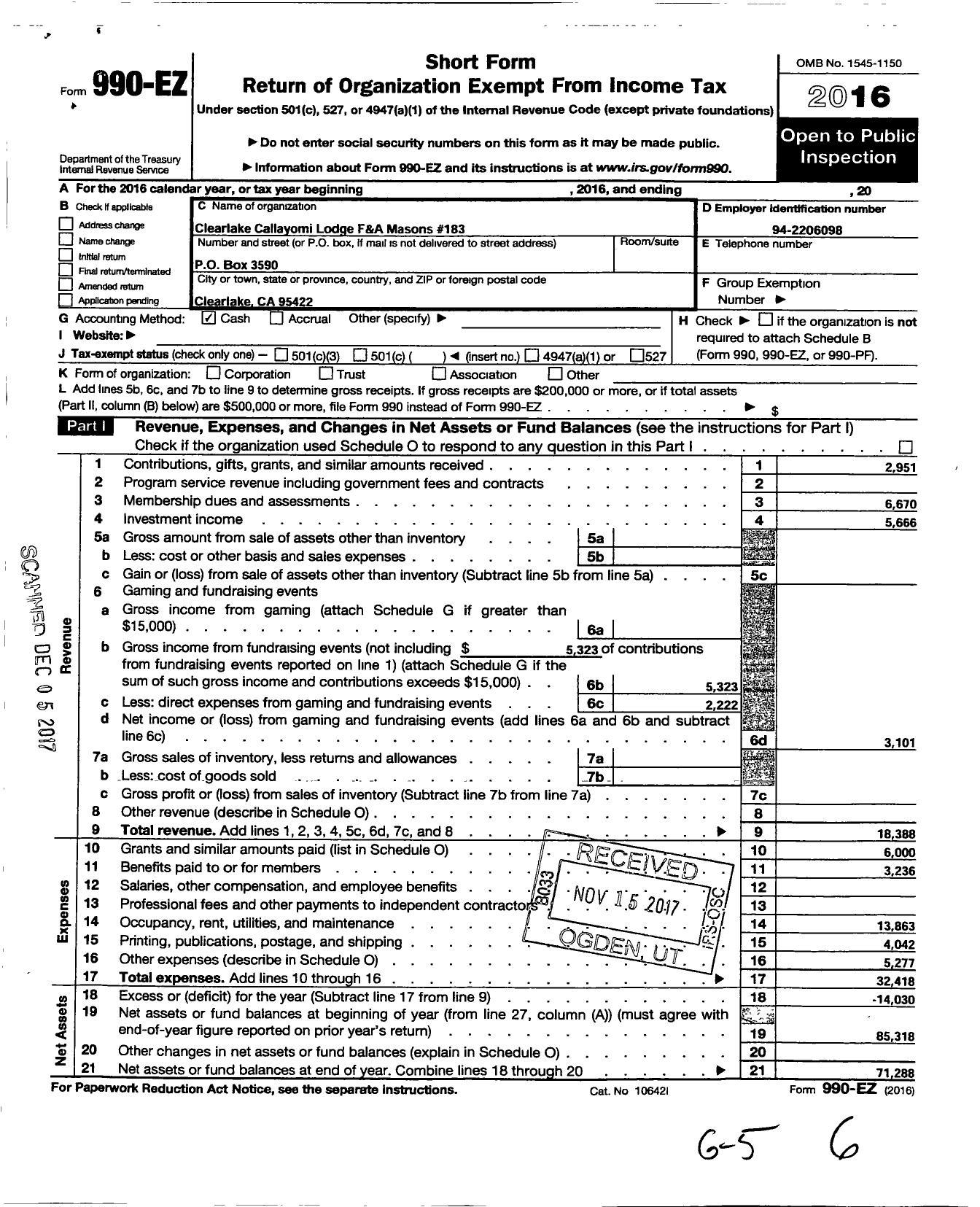 Image of first page of 2016 Form 990EO for Masons of California - 183 Clear Lake Callayomi