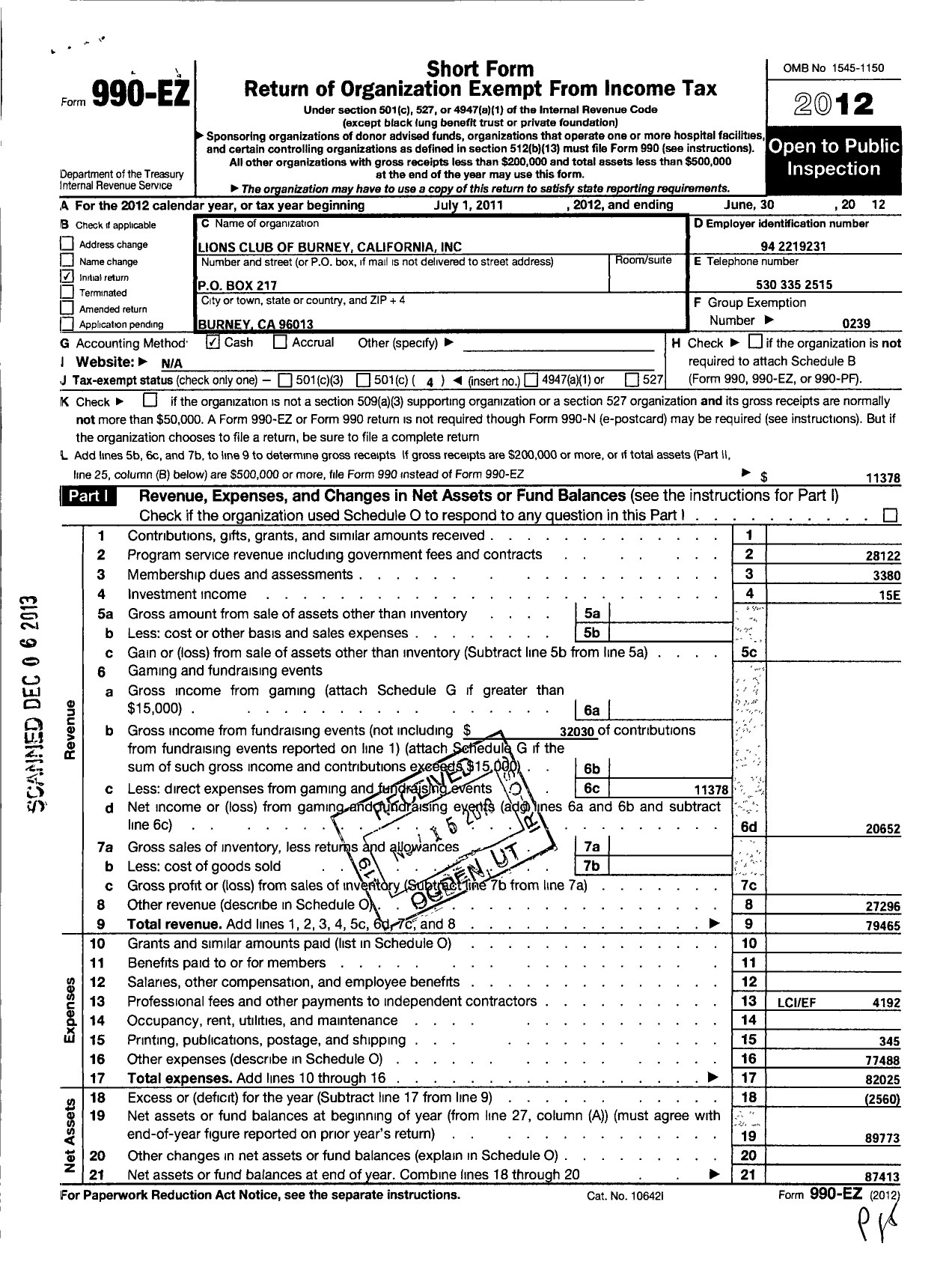 Image of first page of 2011 Form 990EO for Lions Clubs - 1946 Burney