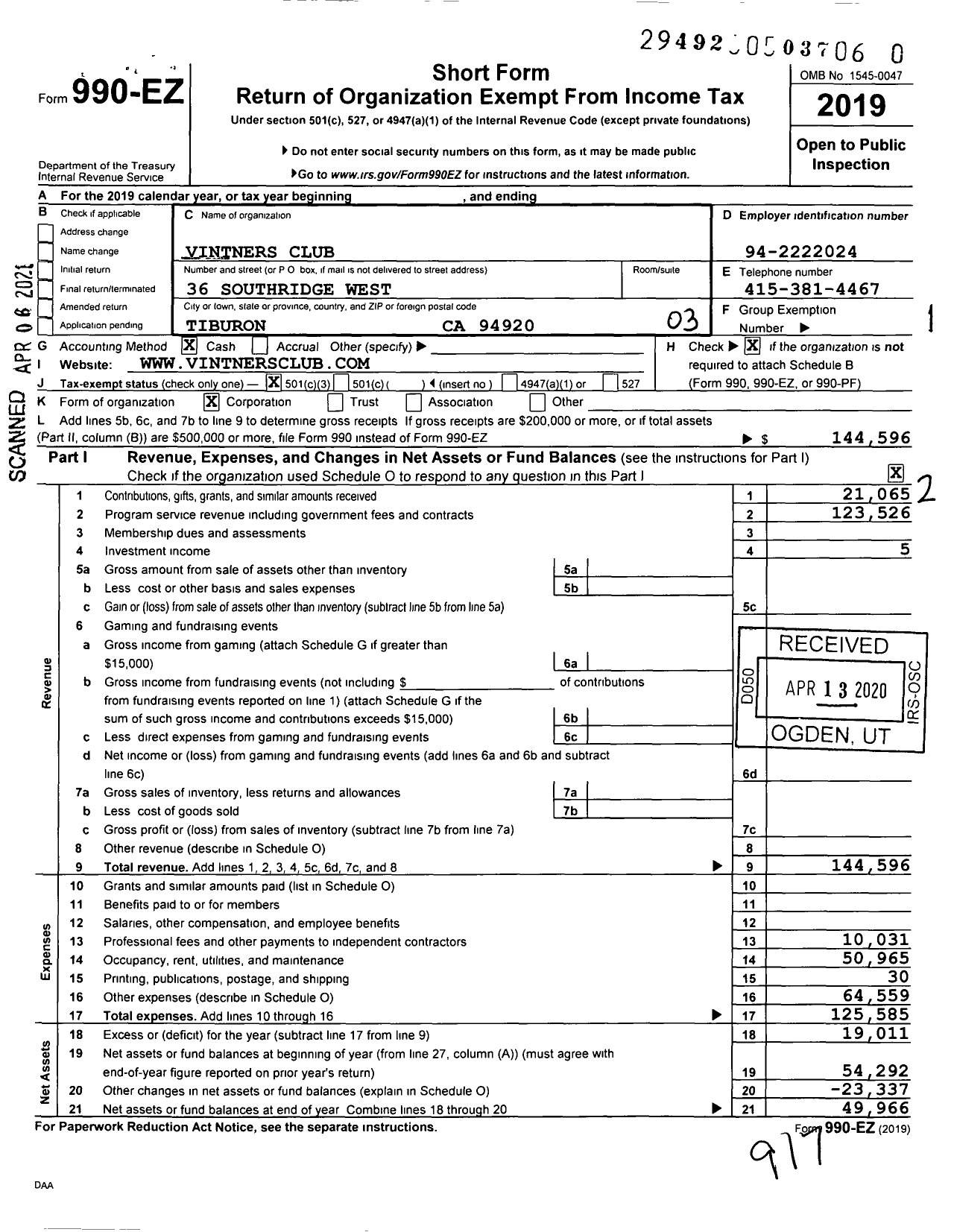 Image of first page of 2019 Form 990EZ for Vintners Club