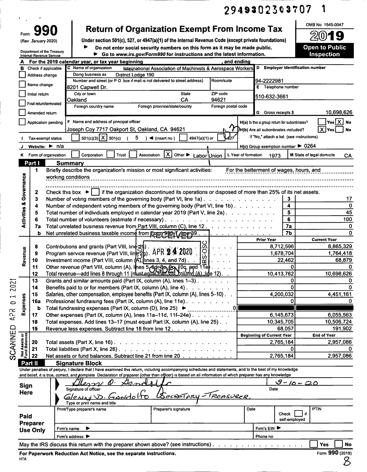 Image of first page of 2019 Form 990 for International Association of Machinists and Aerospace Workers - IAMAW District Lodge 190