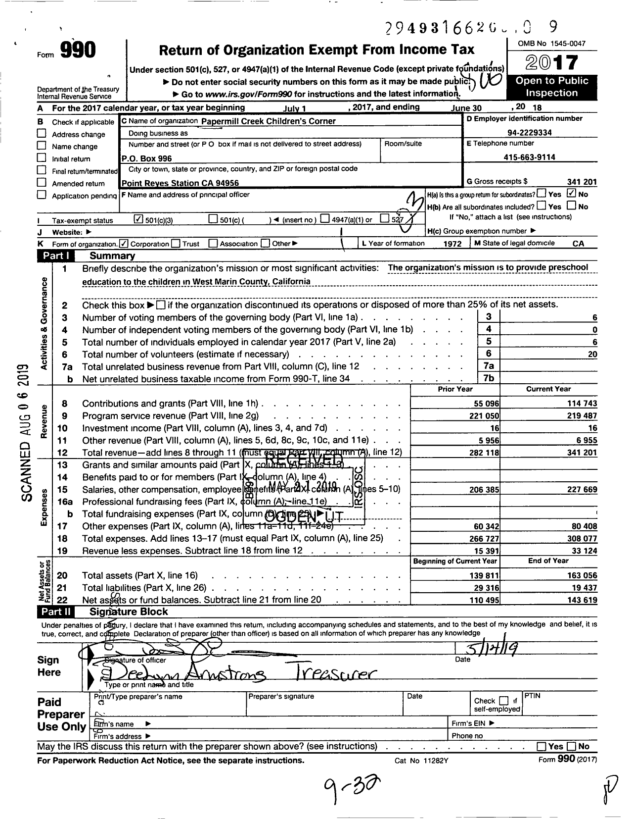 Image of first page of 2017 Form 990 for Papermill Creek Childrens Corner