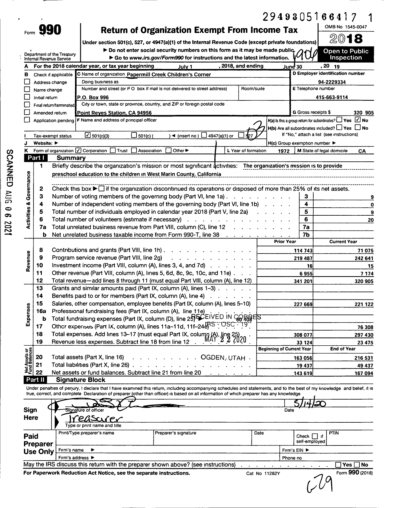 Image of first page of 2018 Form 990 for Papermill Creek Childrens Corner