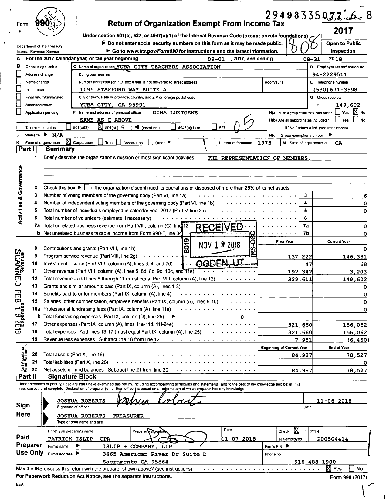 Image of first page of 2017 Form 990O for California Teachers Association - Yuba City Teachers Association