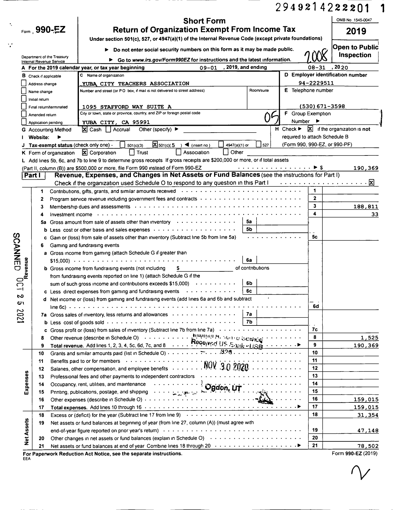 Image of first page of 2019 Form 990EO for California Teachers Association - Yuba City Teachers Association