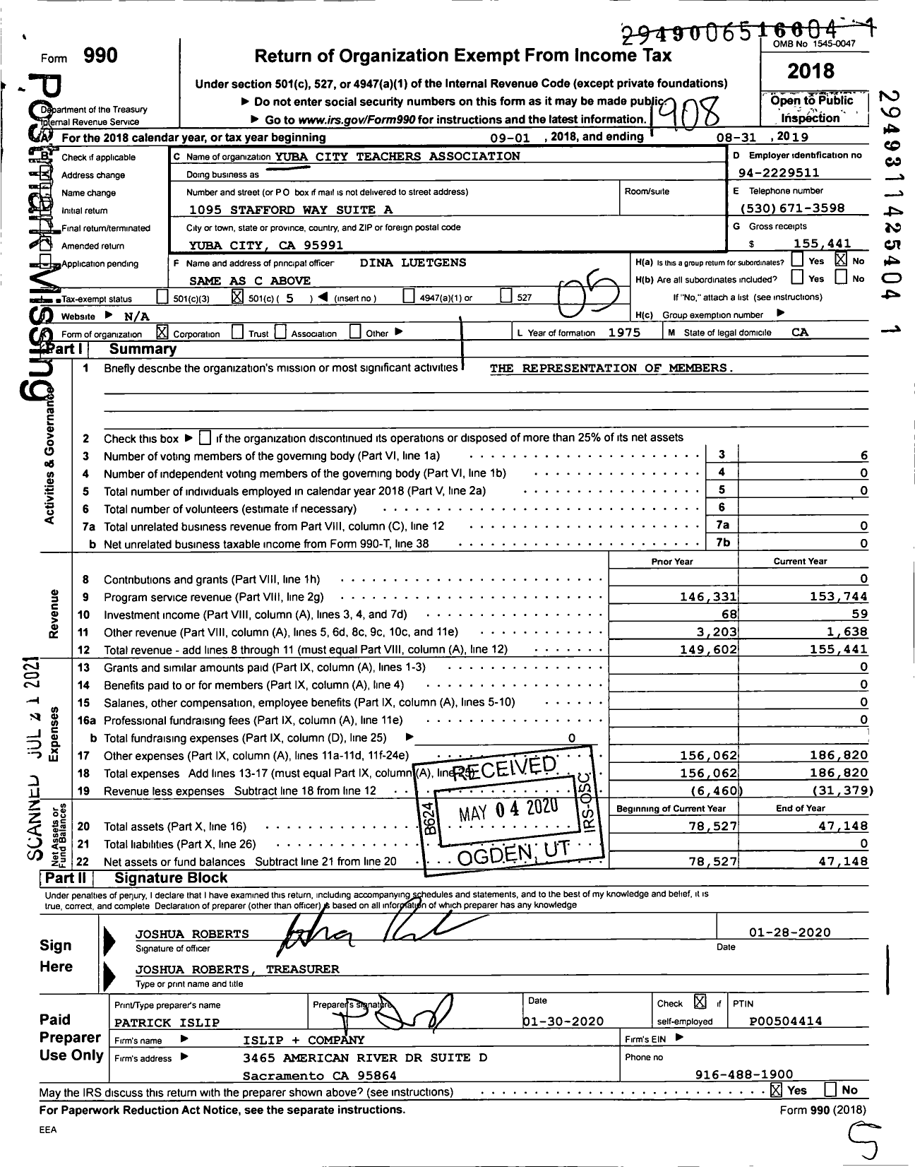 Image of first page of 2018 Form 990O for California Teachers Association - Yuba City Teachers Association