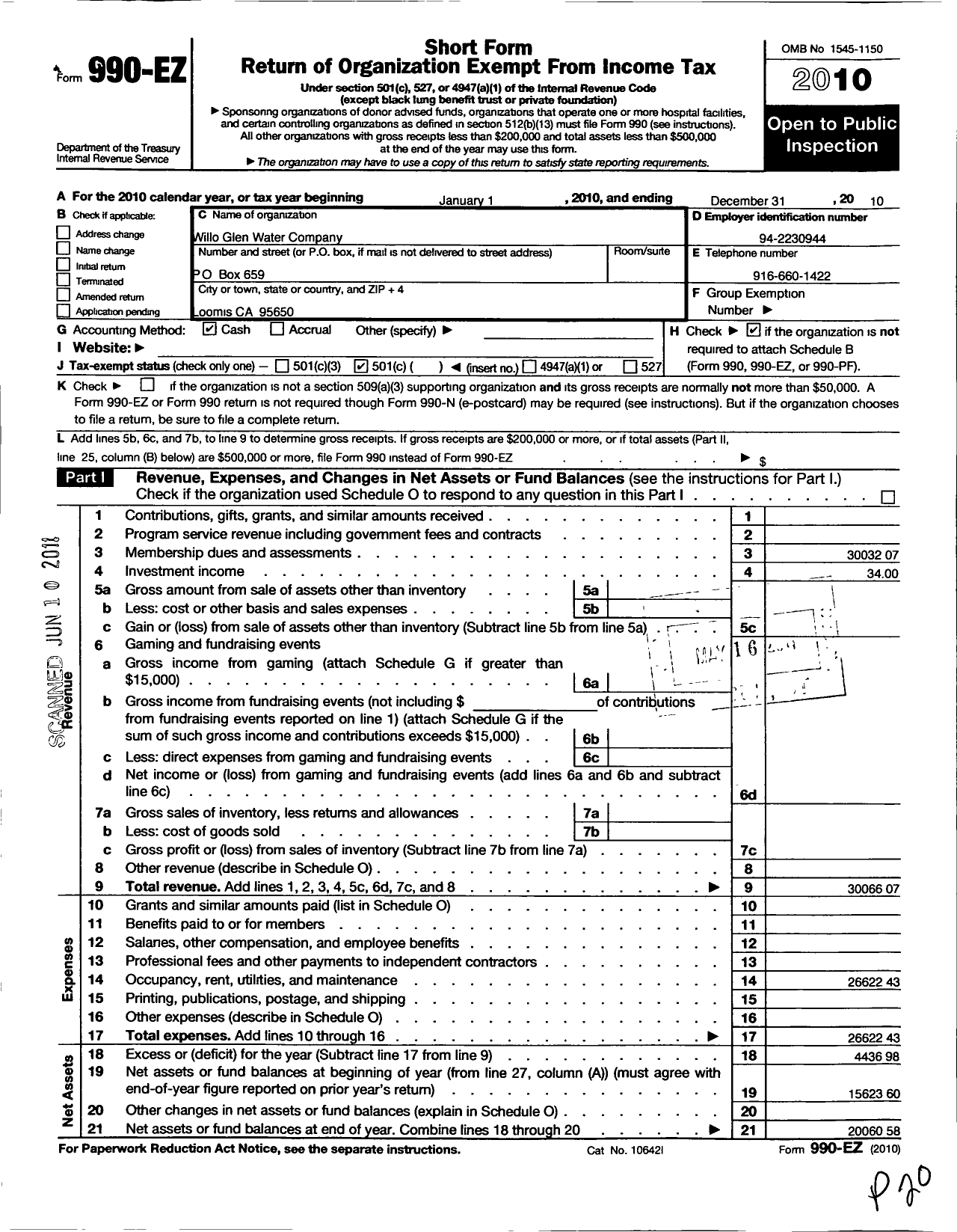 Image of first page of 2010 Form 990EO for Willo Glen Water Company