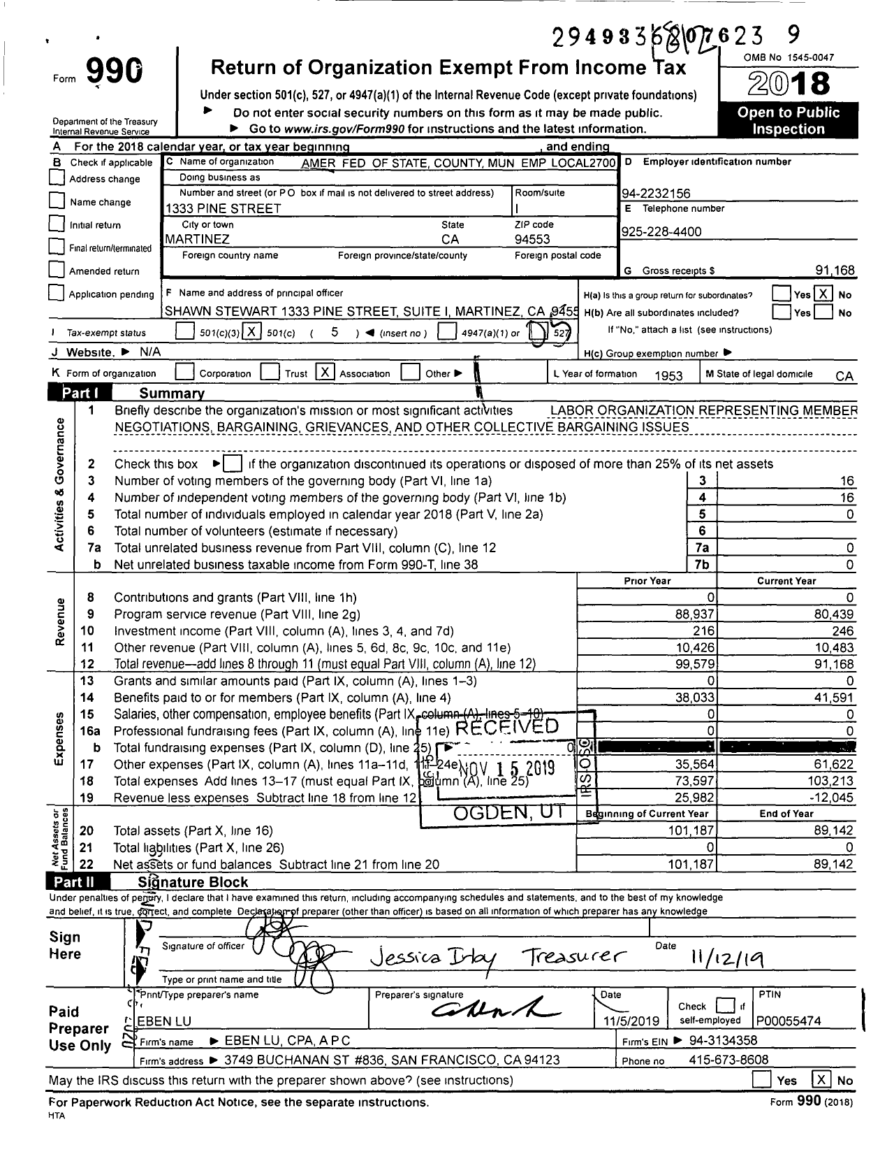 Image of first page of 2018 Form 990O for American Federation of State County & Municipal Employees - L2700ca Cler Emp Unn Contra Costa C