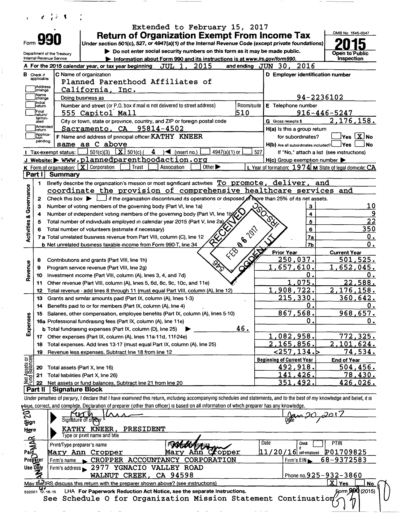 Image of first page of 2015 Form 990O for Planned Parenthood Affiliates of California (PPAC)