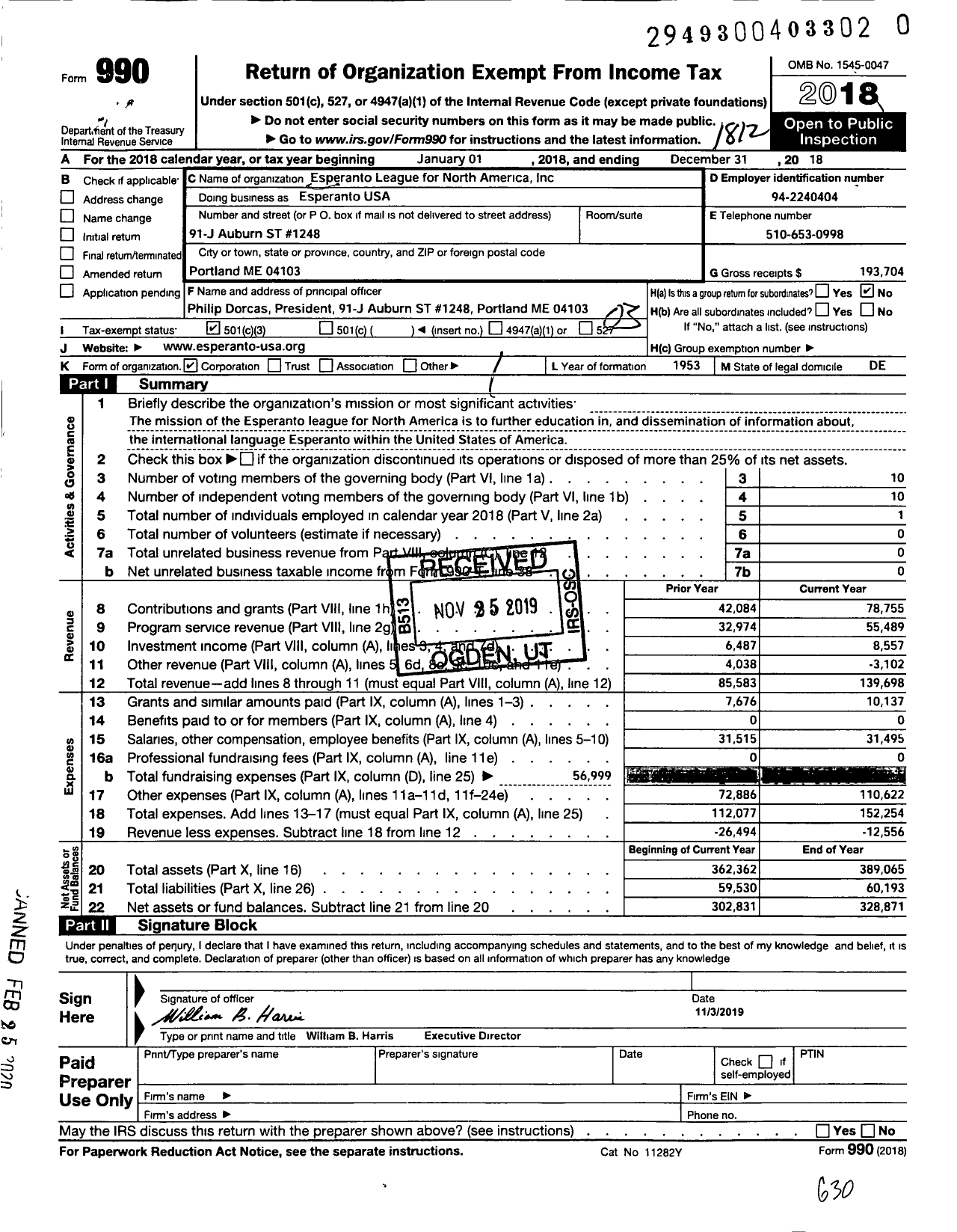 Image of first page of 2018 Form 990 for Esperanto-Usa