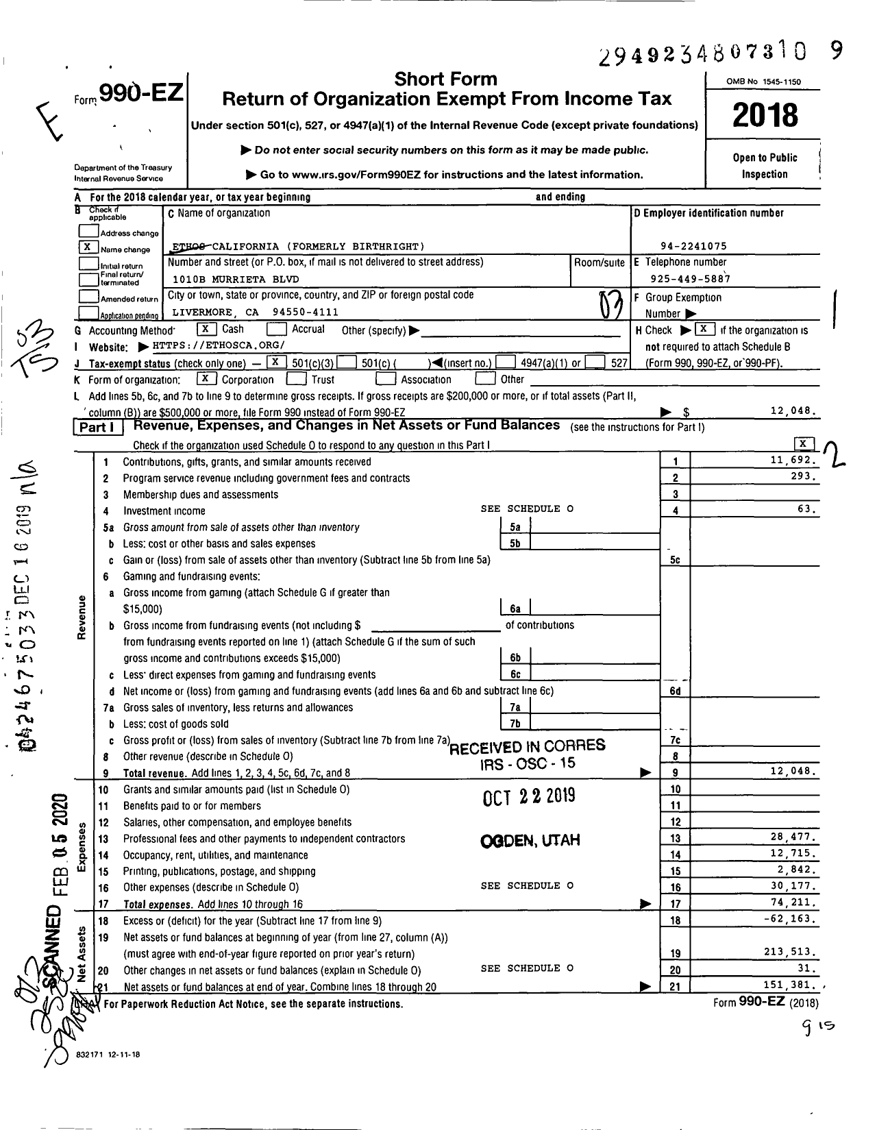 Image of first page of 2018 Form 990EZ for Ethos California