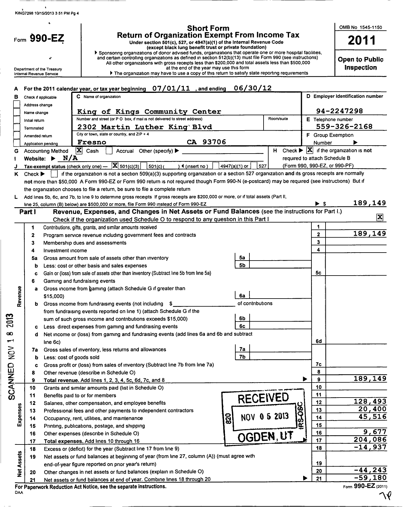 Image of first page of 2011 Form 990EZ for King of Kings Community Center