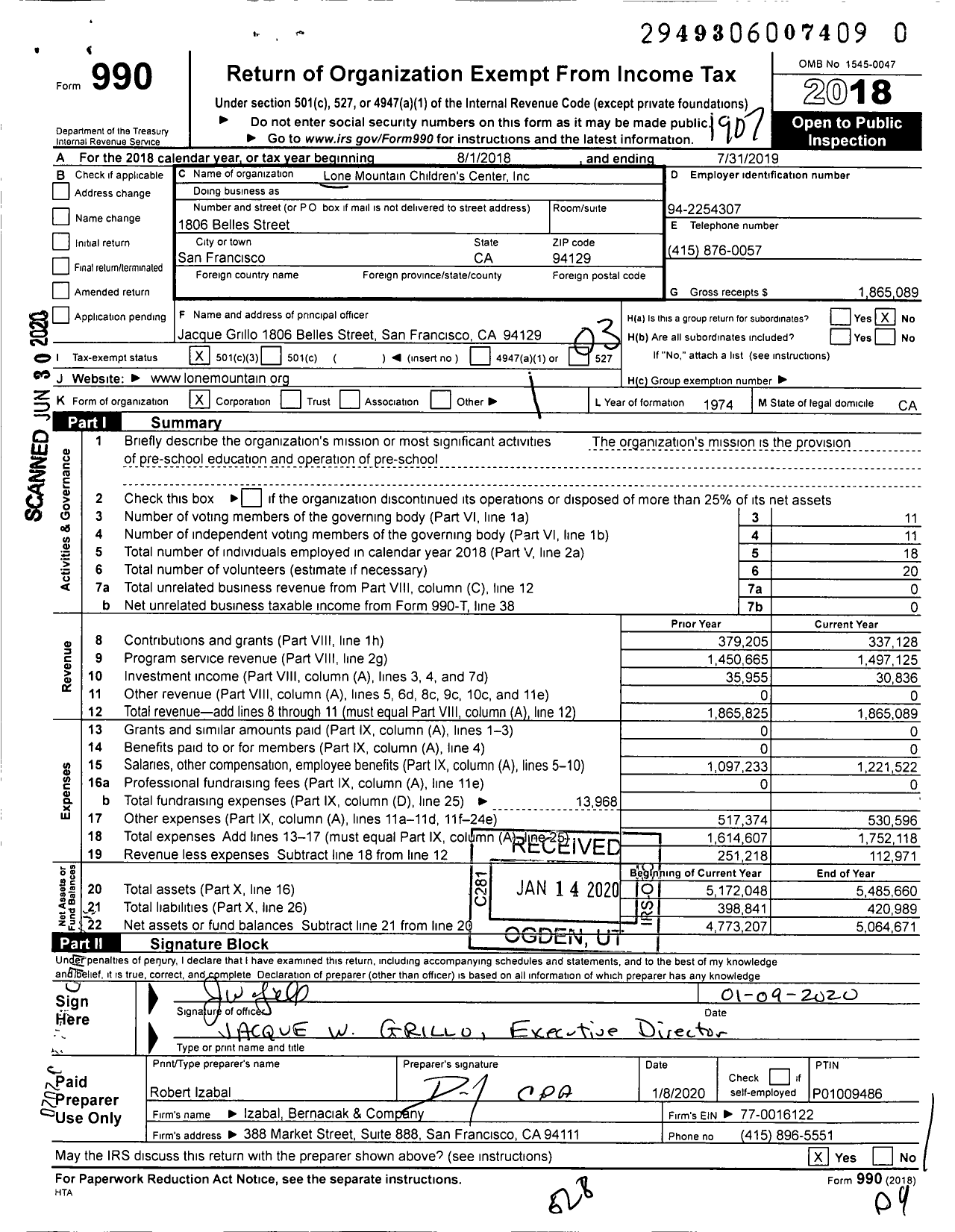 Image of first page of 2018 Form 990 for Lone Mountain Children's Center