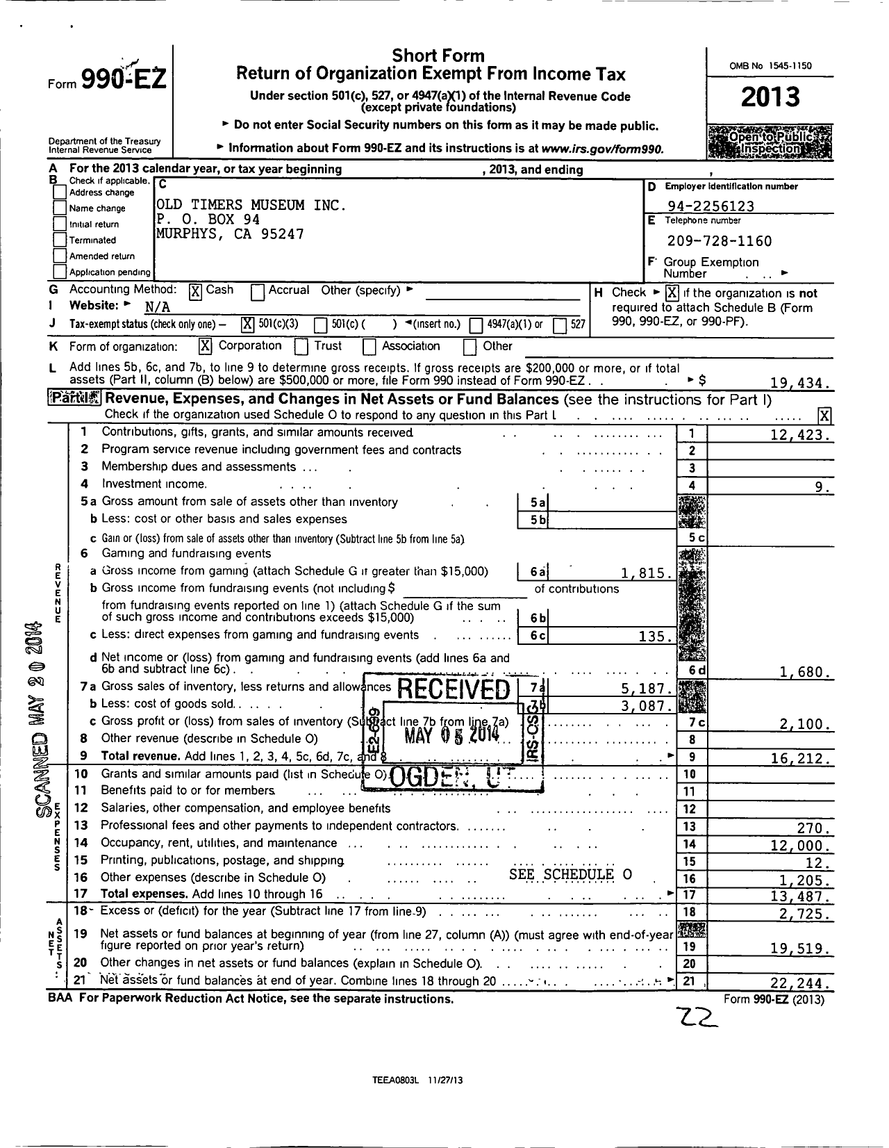 Image of first page of 2013 Form 990EZ for Old Timers Museum