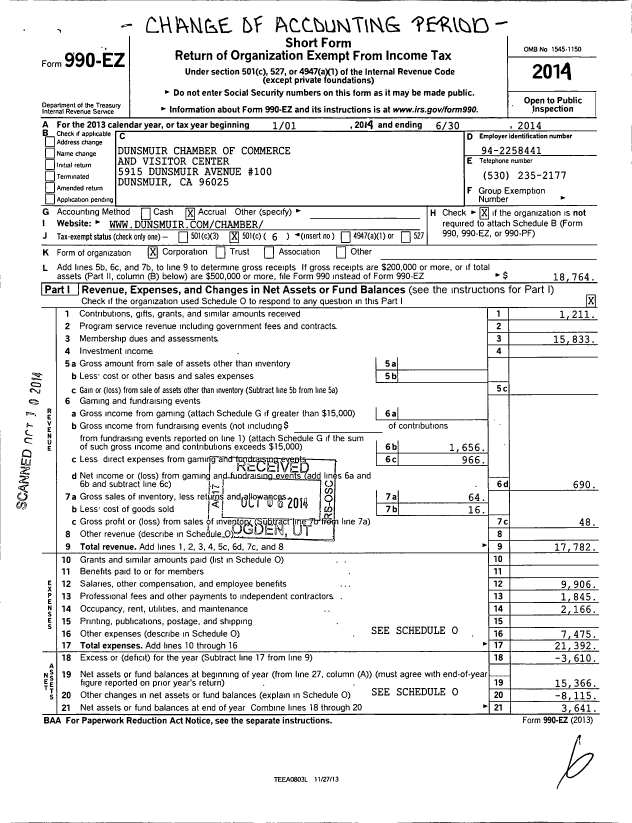 Image of first page of 2013 Form 990EO for Dunsmuir Chamber of Commerce and Visitor Center