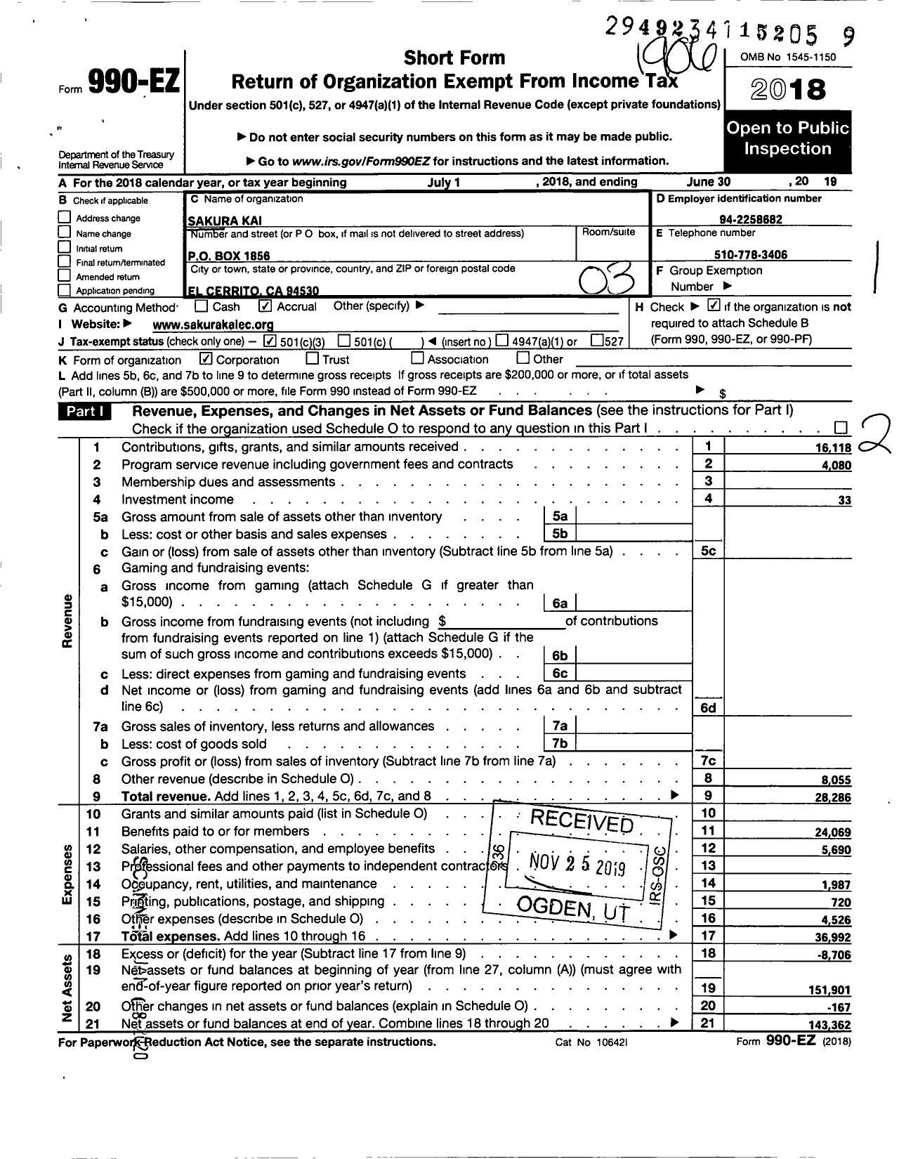 Image of first page of 2018 Form 990EZ for Sakura Kai