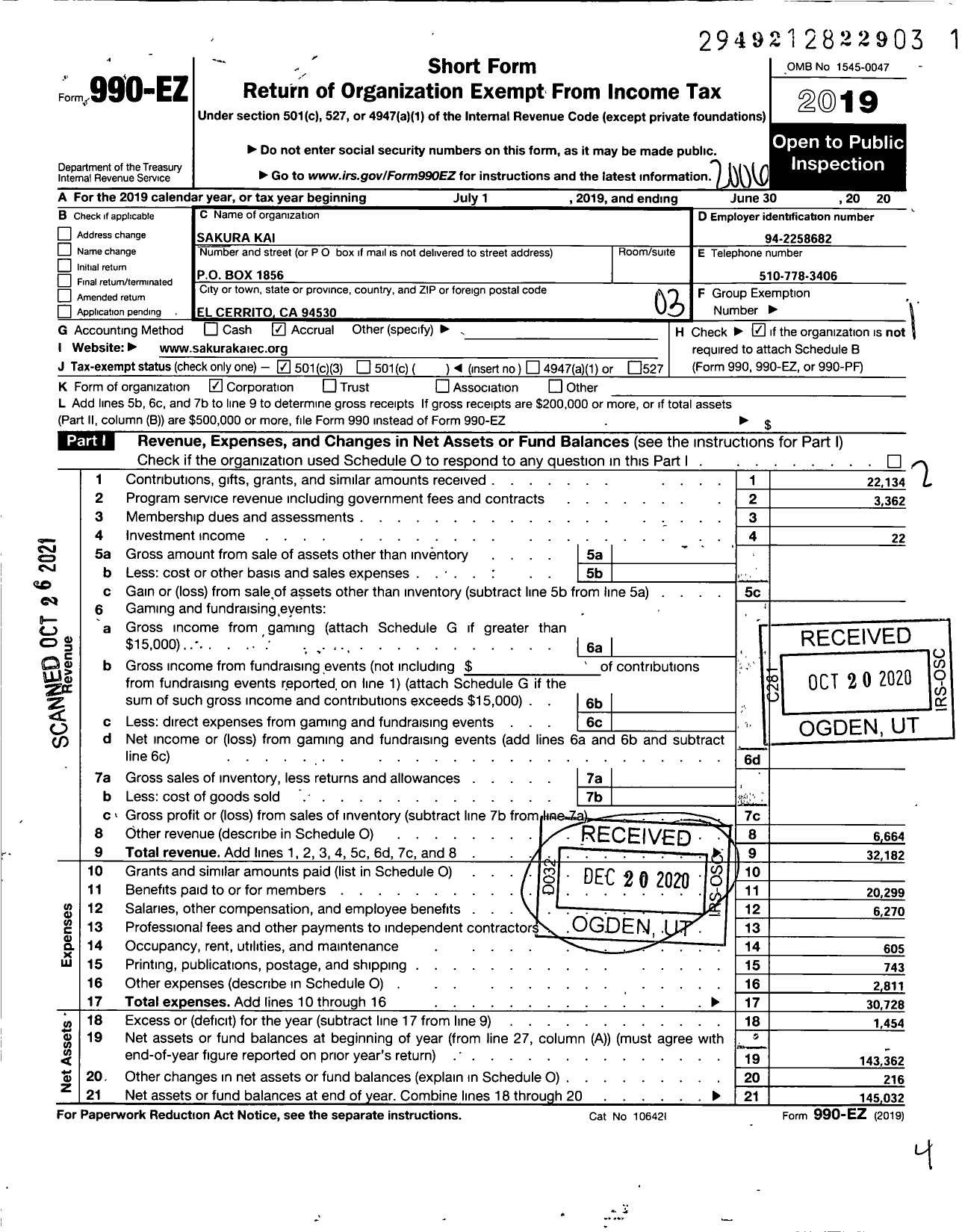 Image of first page of 2019 Form 990EZ for Sakura Kai