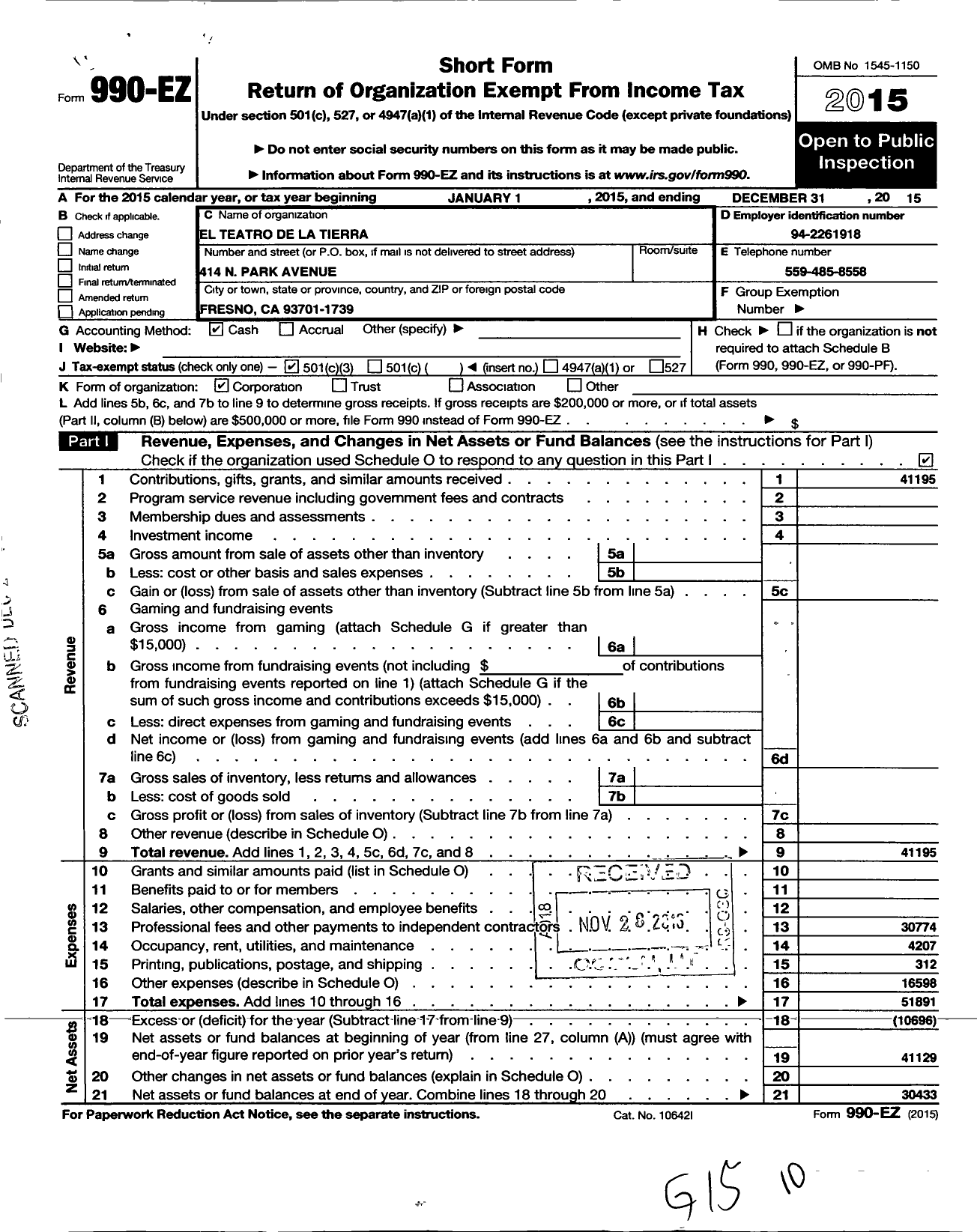 Image of first page of 2015 Form 990EZ for El Teatro de La Tierra