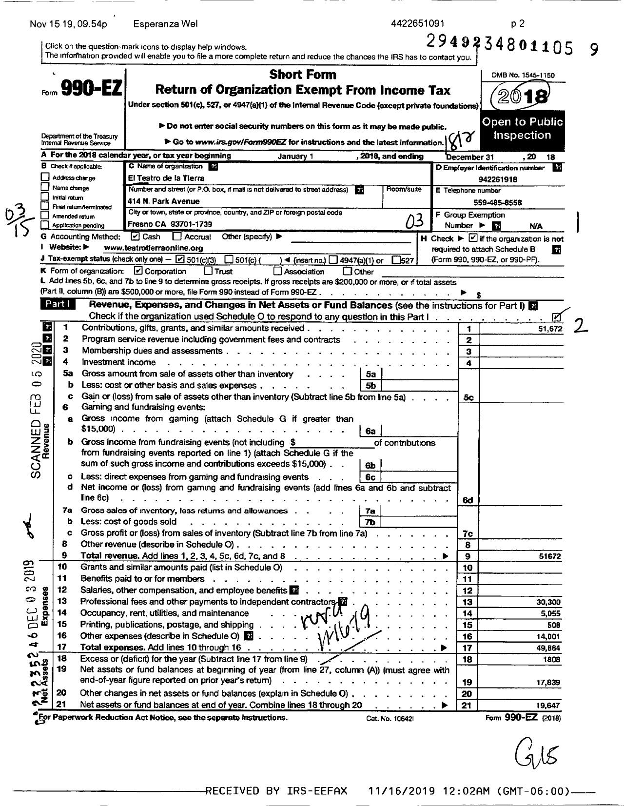 Image of first page of 2018 Form 990EZ for El Teatro de La Tierra