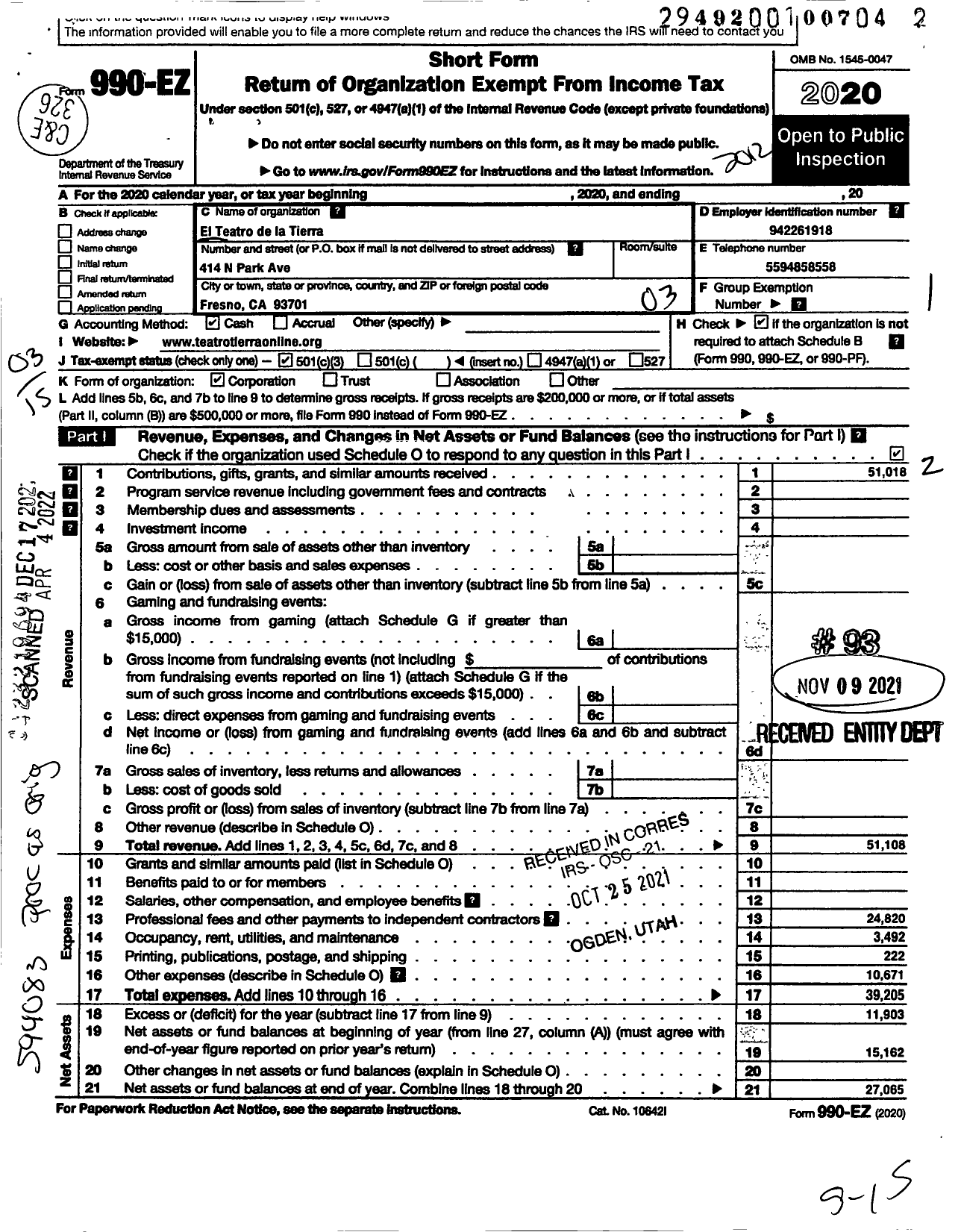 Image of first page of 2020 Form 990EZ for El Teatro de La Tierra