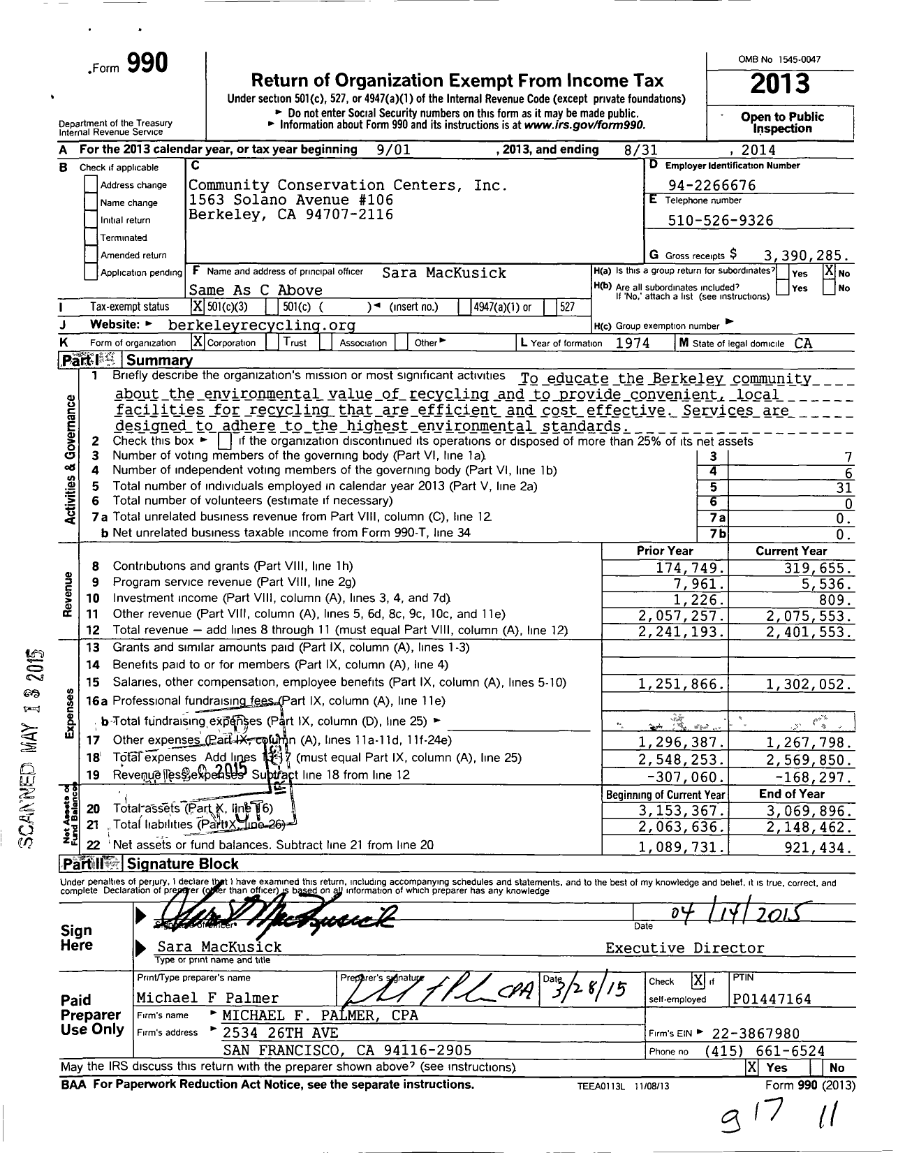 Image of first page of 2013 Form 990 for Berkeley Recycling