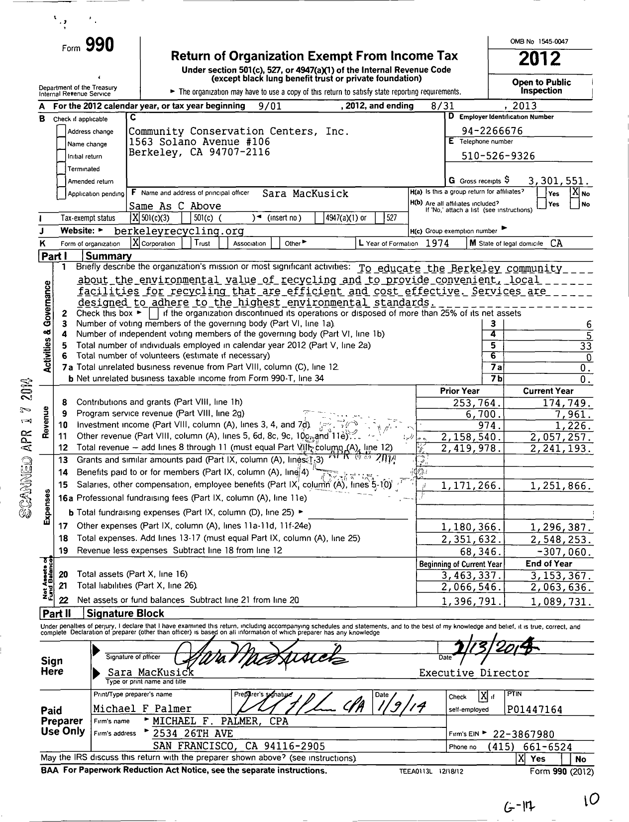 Image of first page of 2012 Form 990 for Berkeley Recycling