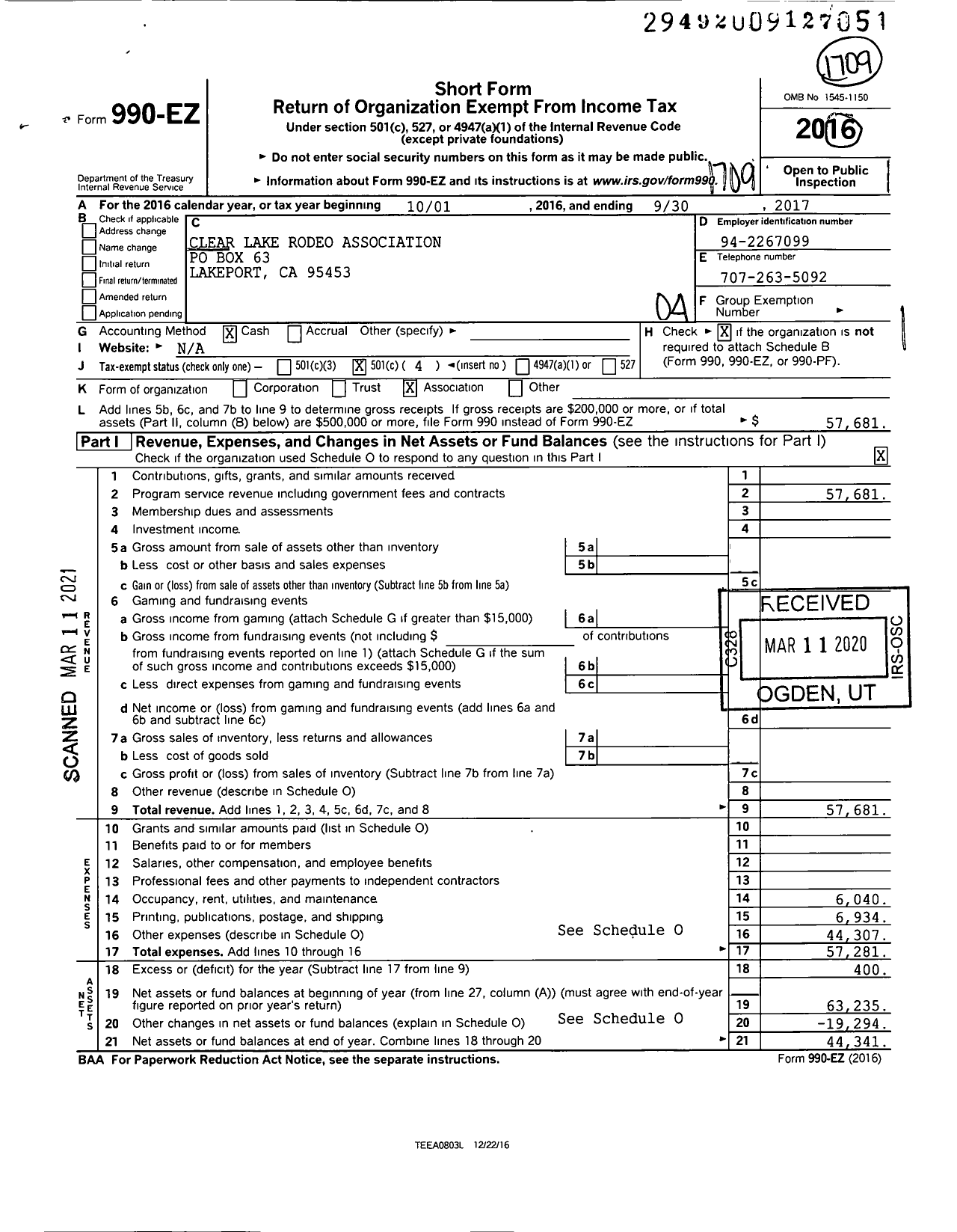 Image of first page of 2016 Form 990EO for Clear Lake Rodeo Association