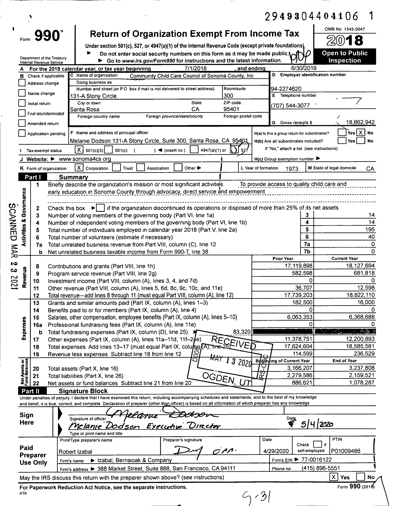 Image of first page of 2018 Form 990 for Community Child Care Council of Sonoma County