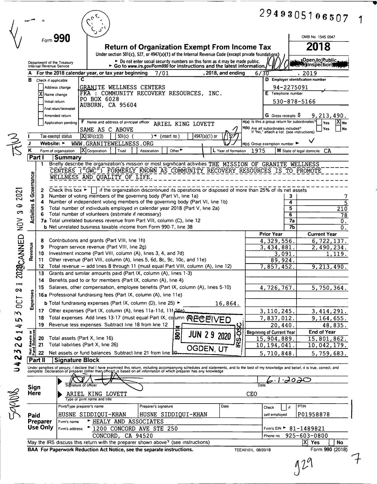 Image of first page of 2018 Form 990 for Granite Wellness Centers
