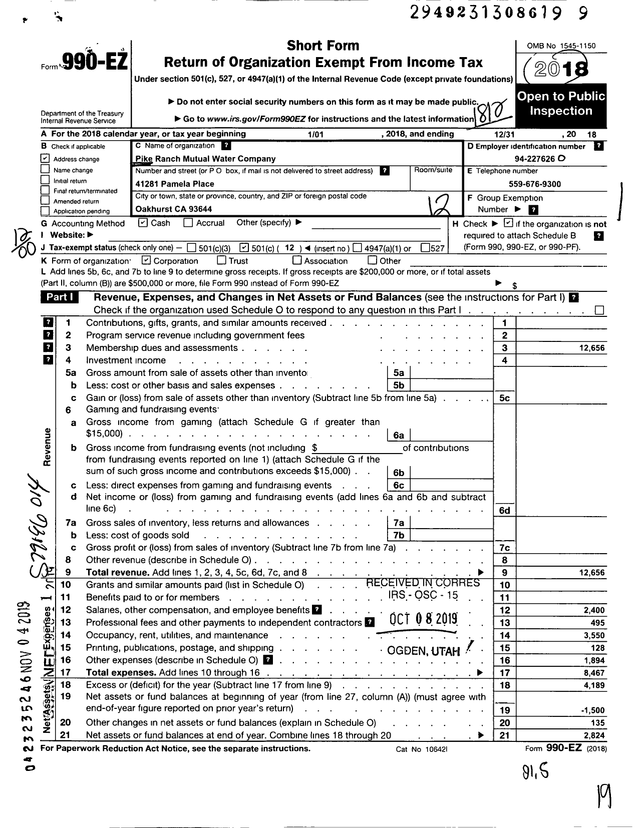 Image of first page of 2018 Form 990EO for Pike Ranch Mutual Water Comany