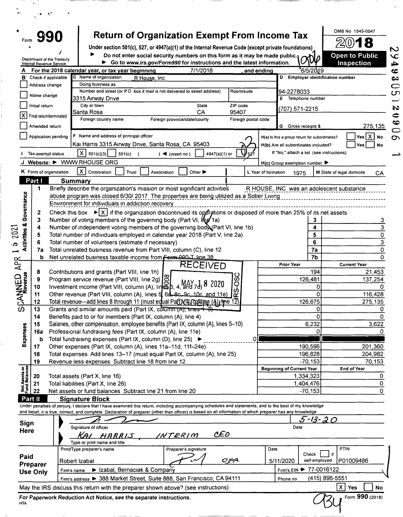 Image of first page of 2018 Form 990 for R House