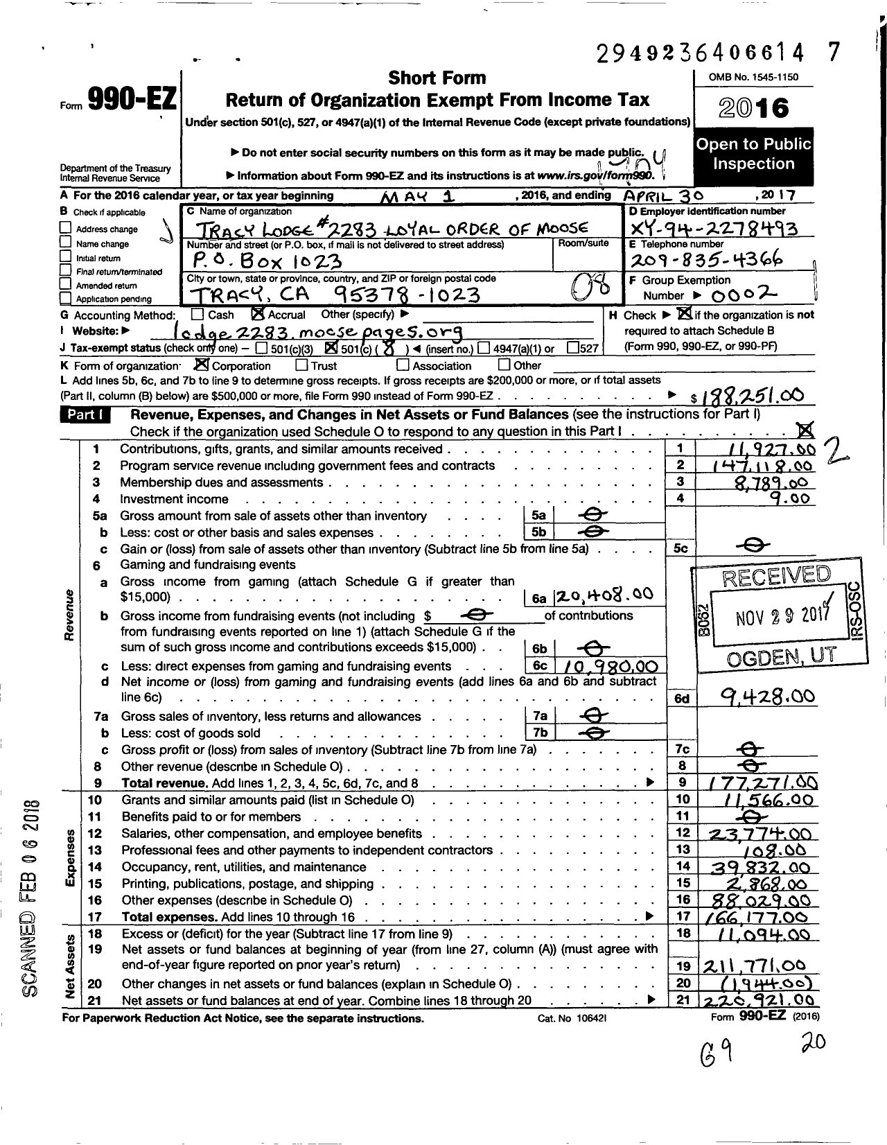 Image of first page of 2016 Form 990EO for Loyal Order of Moose - 2283