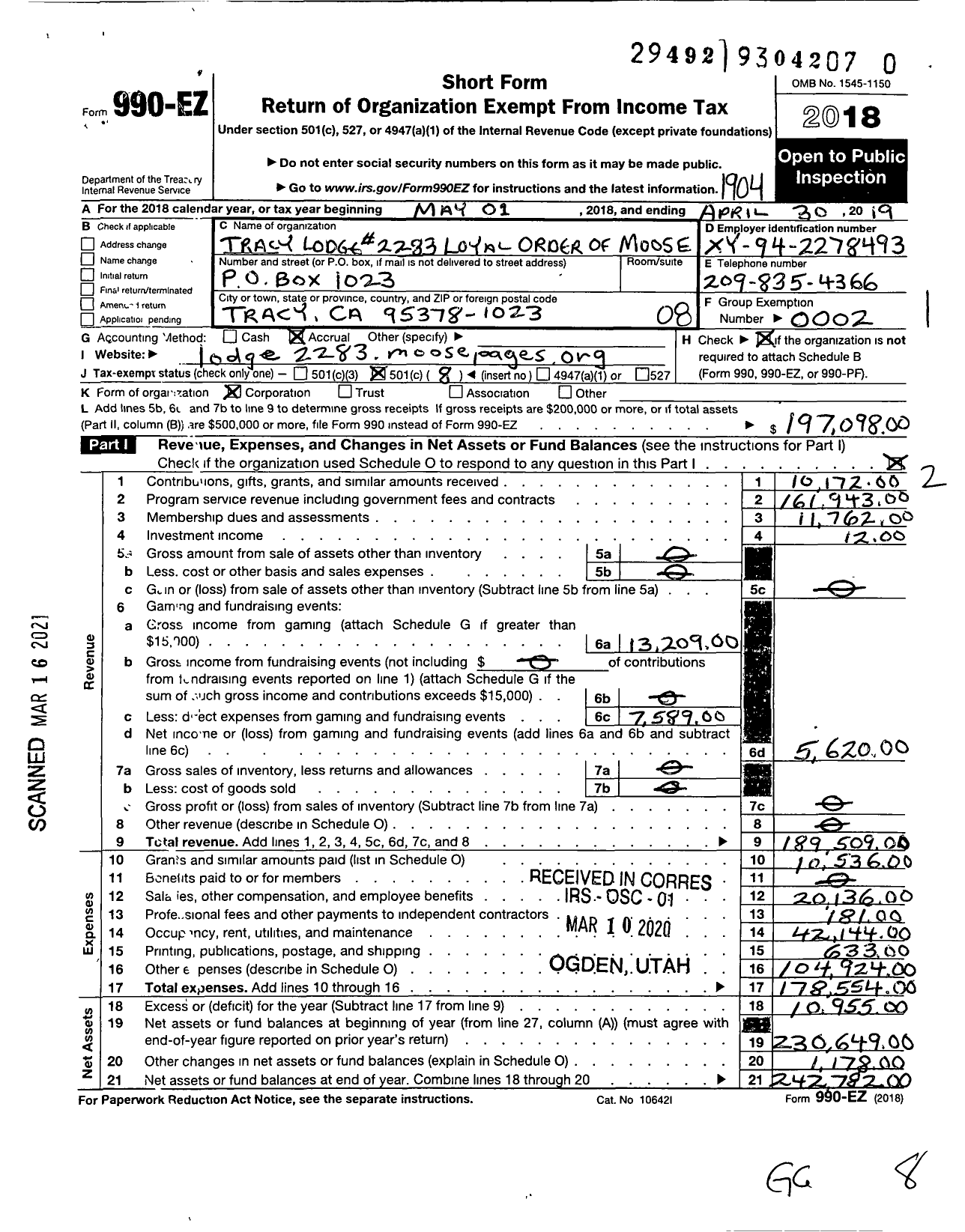 Image of first page of 2018 Form 990EO for Loyal Order of Moose - 2283