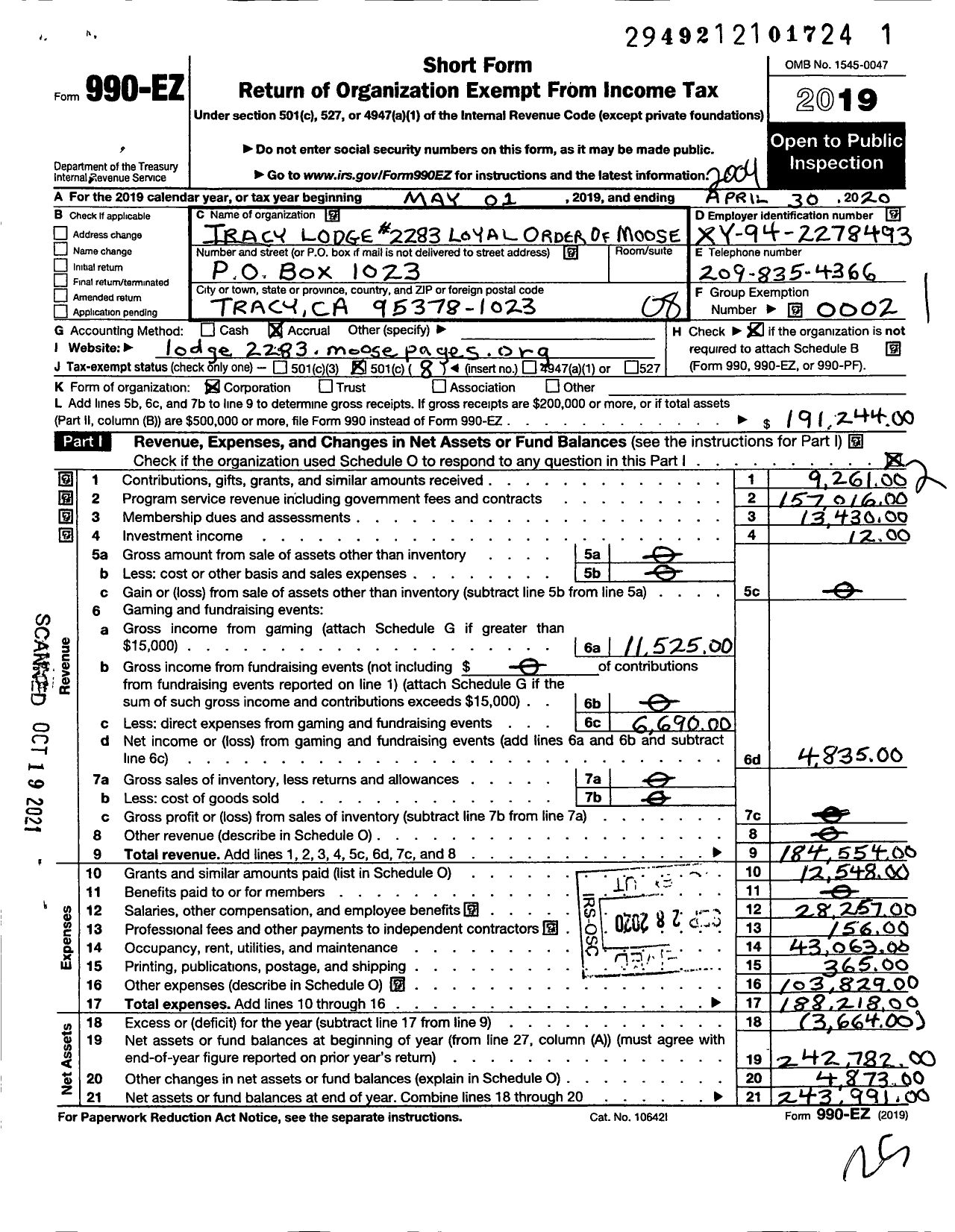 Image of first page of 2019 Form 990EO for Loyal Order of Moose - 2283