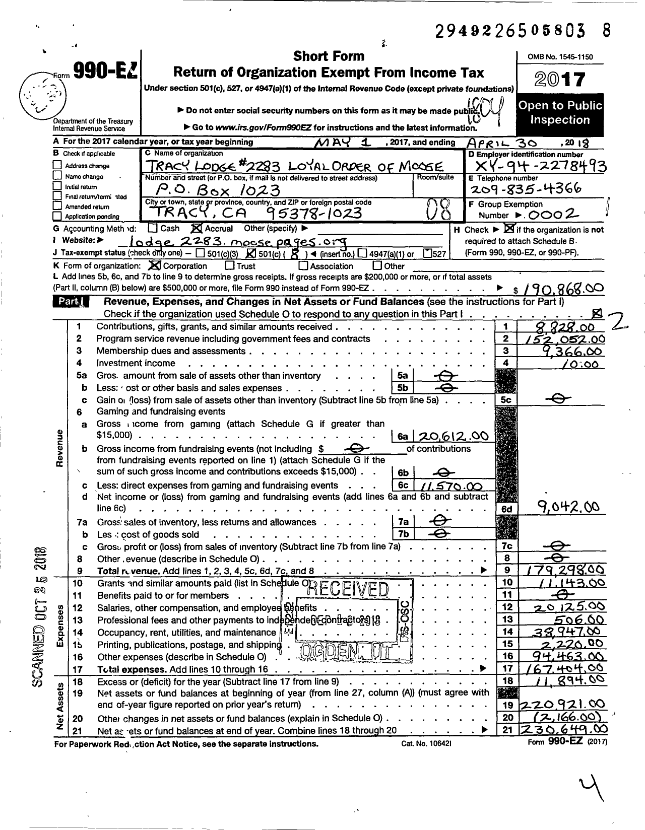 Image of first page of 2017 Form 990EO for Loyal Order of Moose - 2283