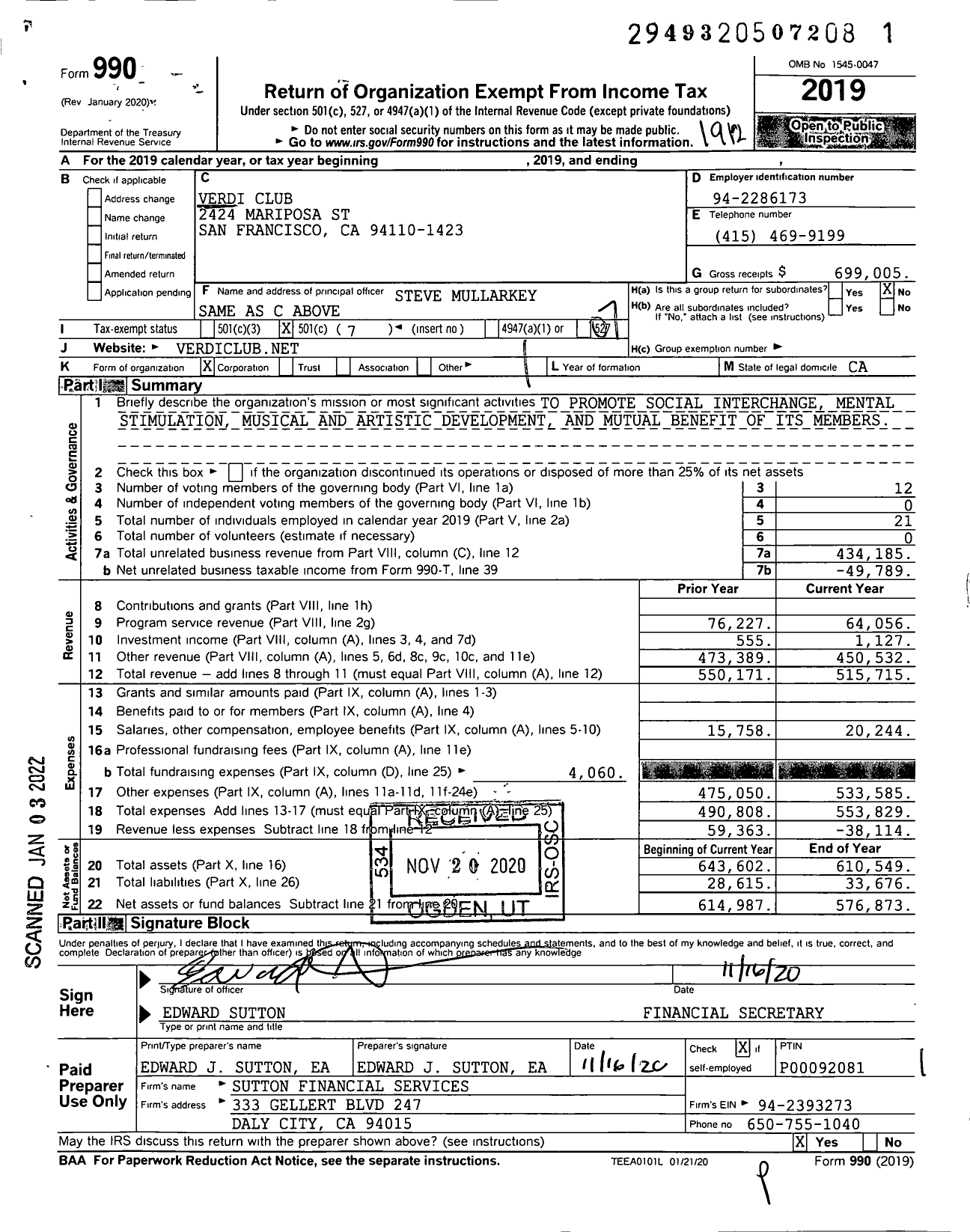 Image of first page of 2019 Form 990O for Verdi Club