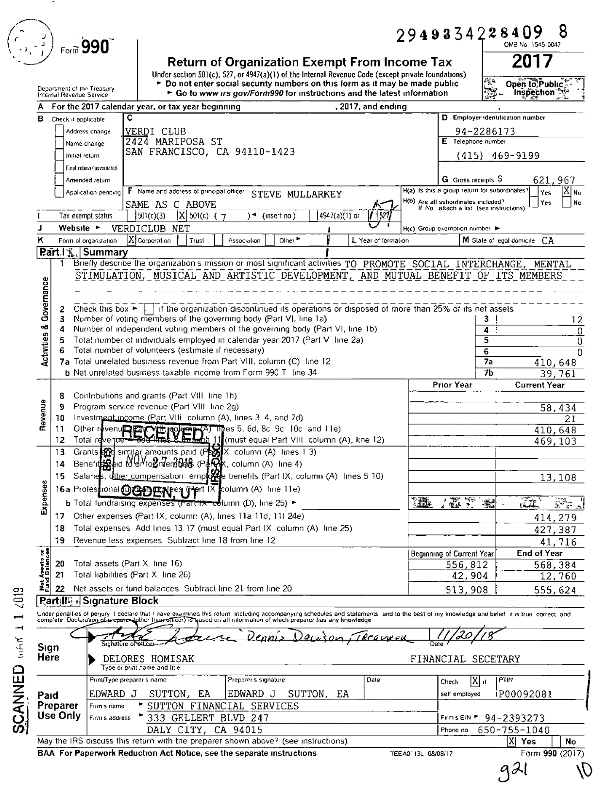 Image of first page of 2017 Form 990O for Verdi Club