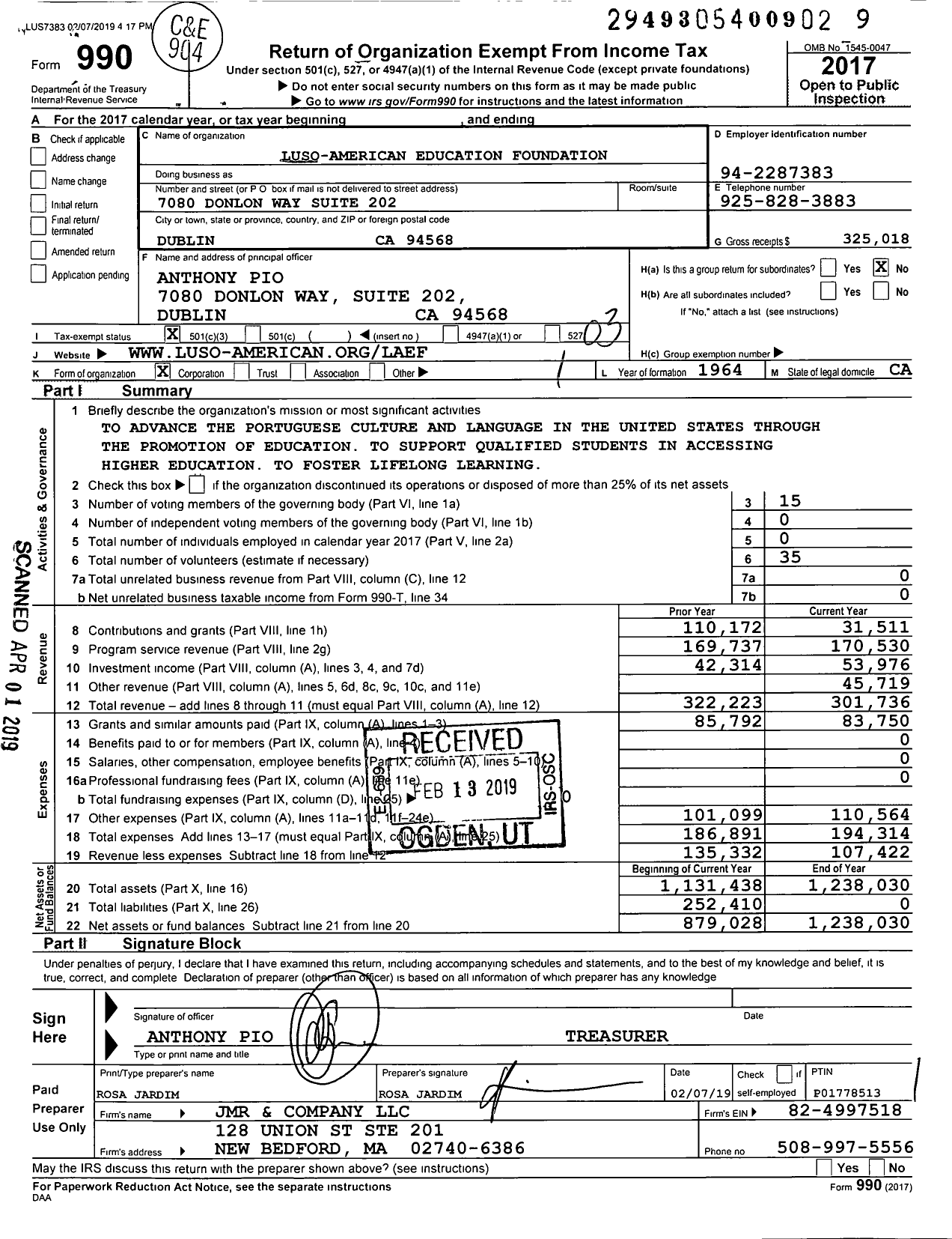 Image of first page of 2017 Form 990 for Luso-American Education Foundation