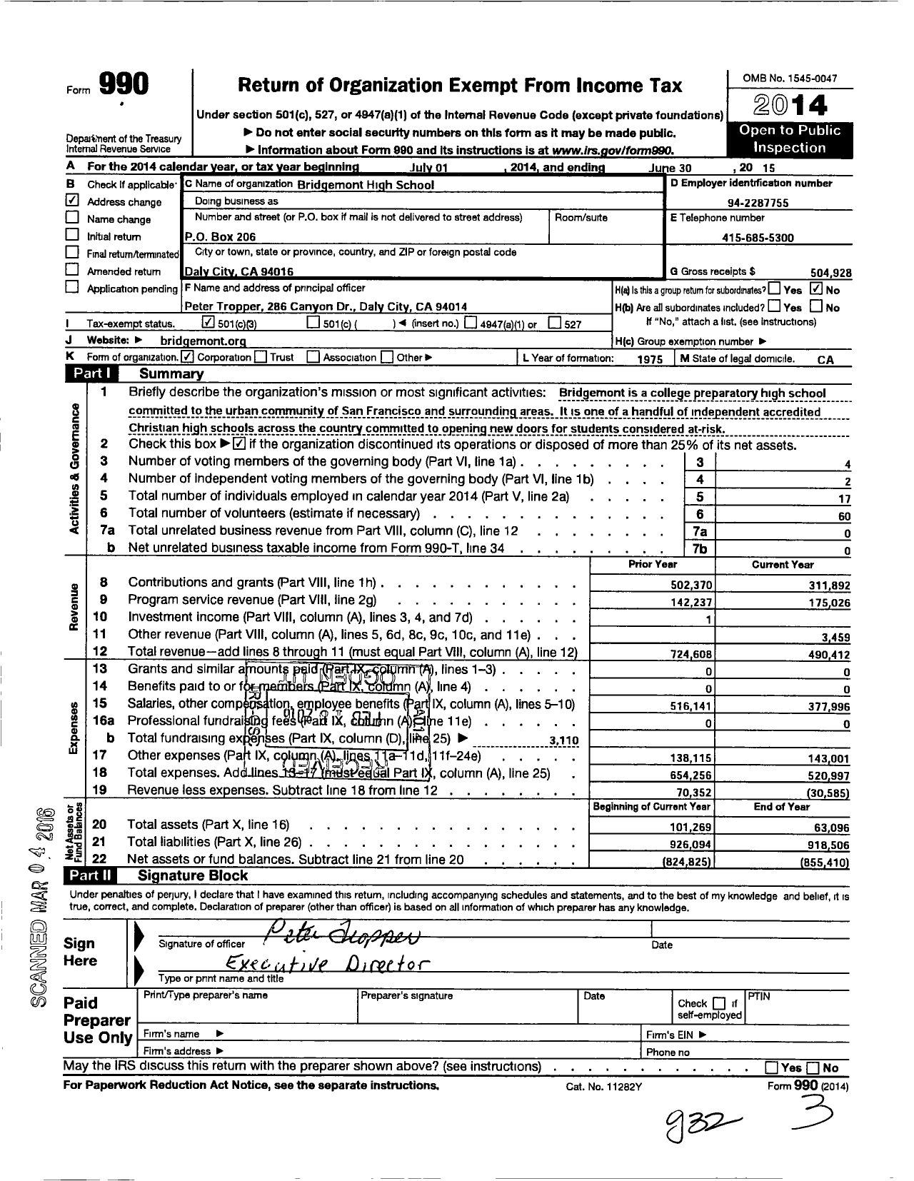 Image of first page of 2014 Form 990 for Bridgemont High School