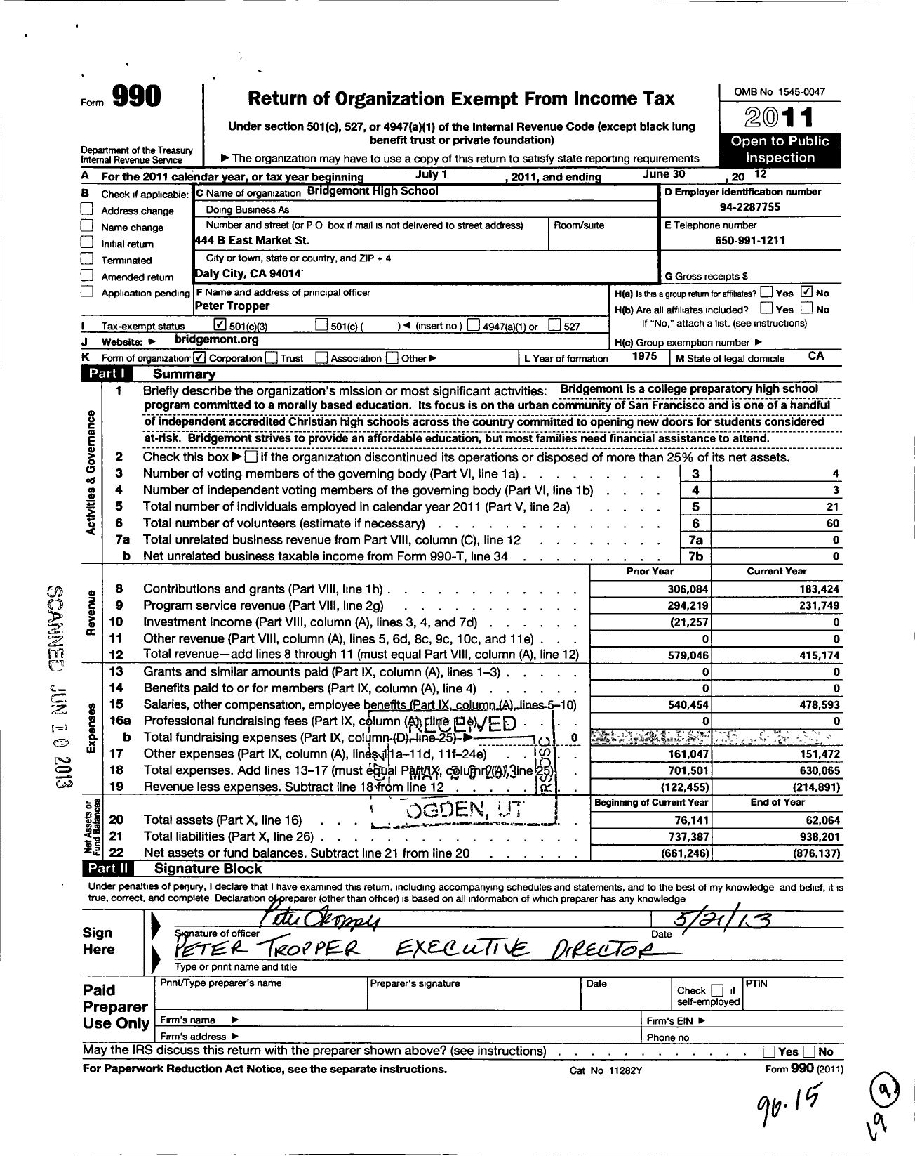 Image of first page of 2011 Form 990 for Bridgemont High School