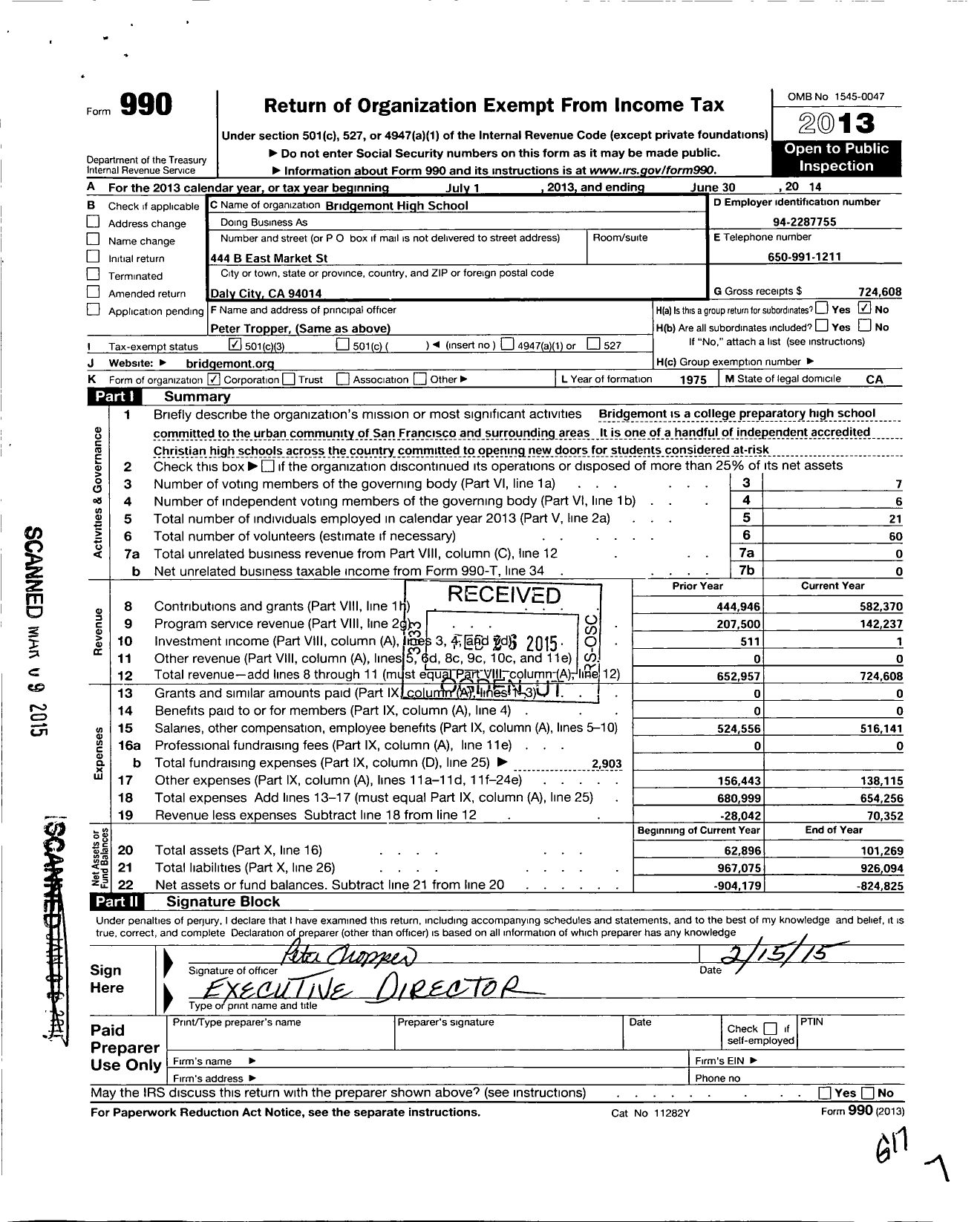 Image of first page of 2013 Form 990 for Bridgemont High School