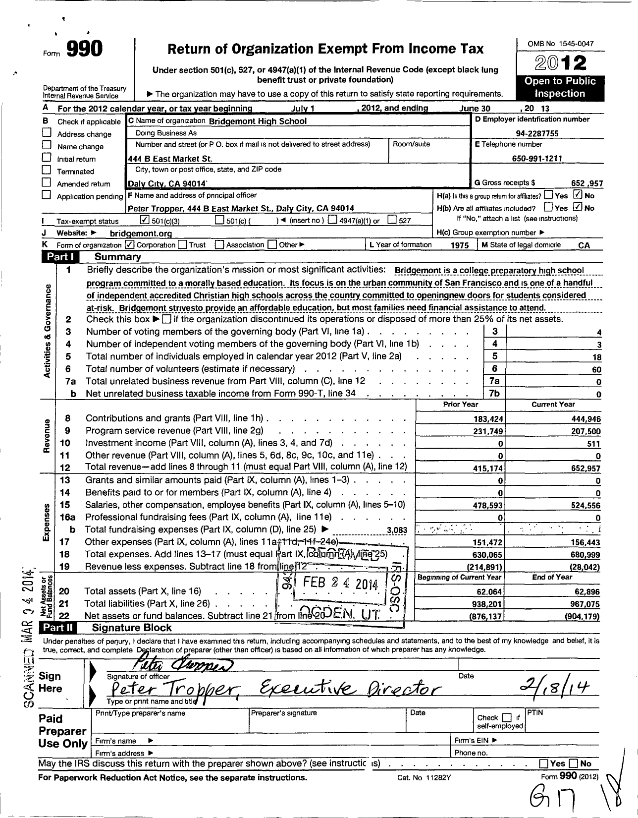 Image of first page of 2012 Form 990 for Bridgemont High School