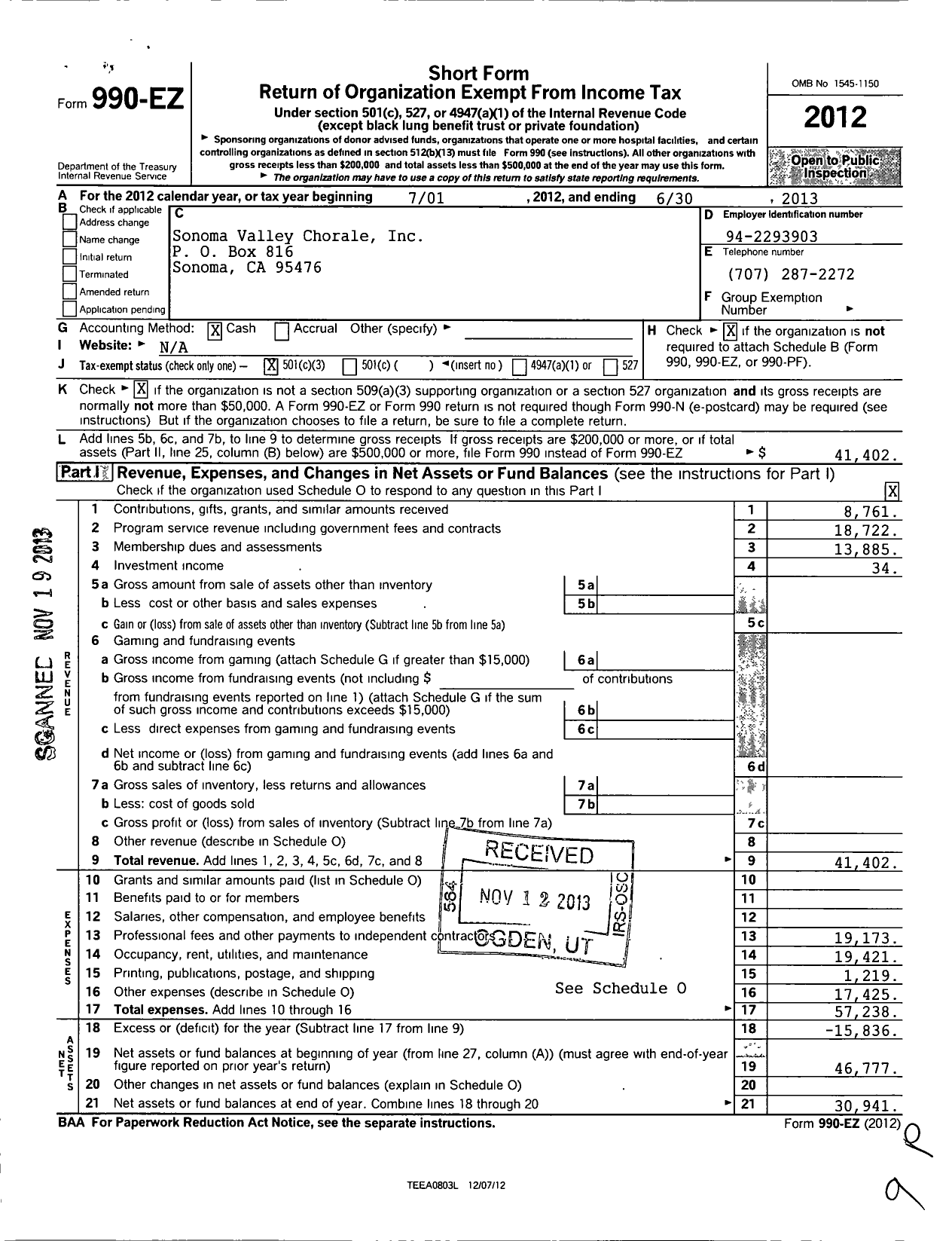 Image of first page of 2012 Form 990EZ for Sonoma Valley Chorale