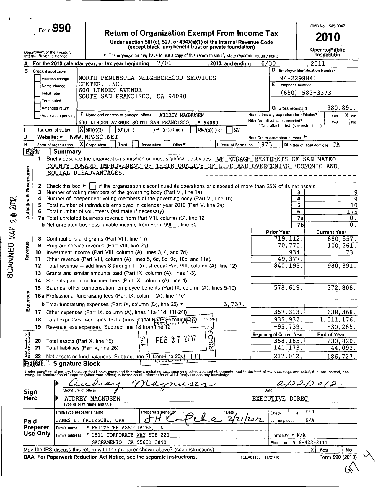 Image of first page of 2010 Form 990 for North Peninsula Neighborhood Center