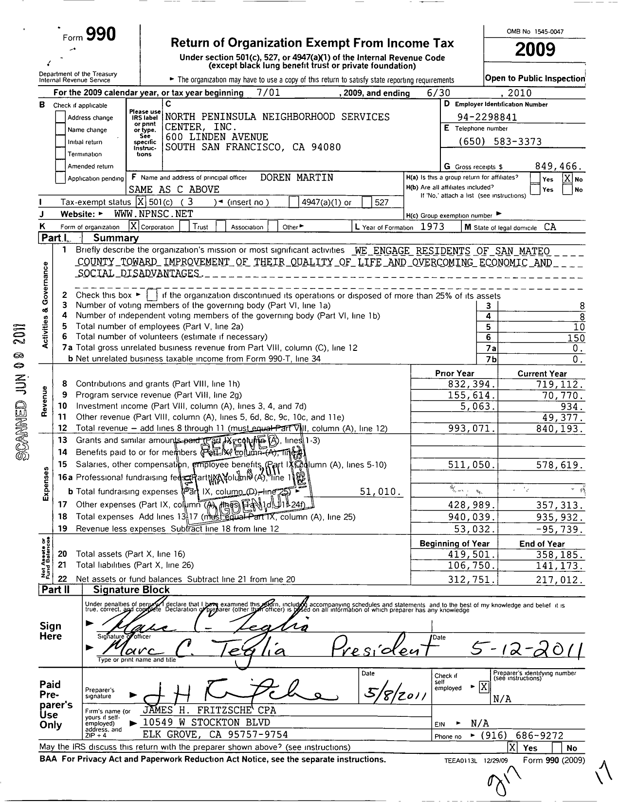 Image of first page of 2009 Form 990 for North Peninsula Neighborhood Center
