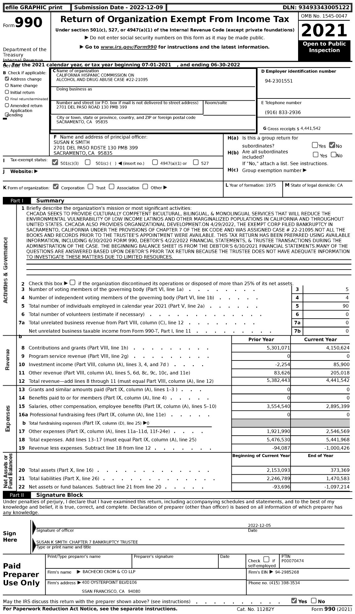 Image of first page of 2021 Form 990 for California Hispanic Commission on Alcohol and Drug Abuse Case #22-21095 (CHCADA)