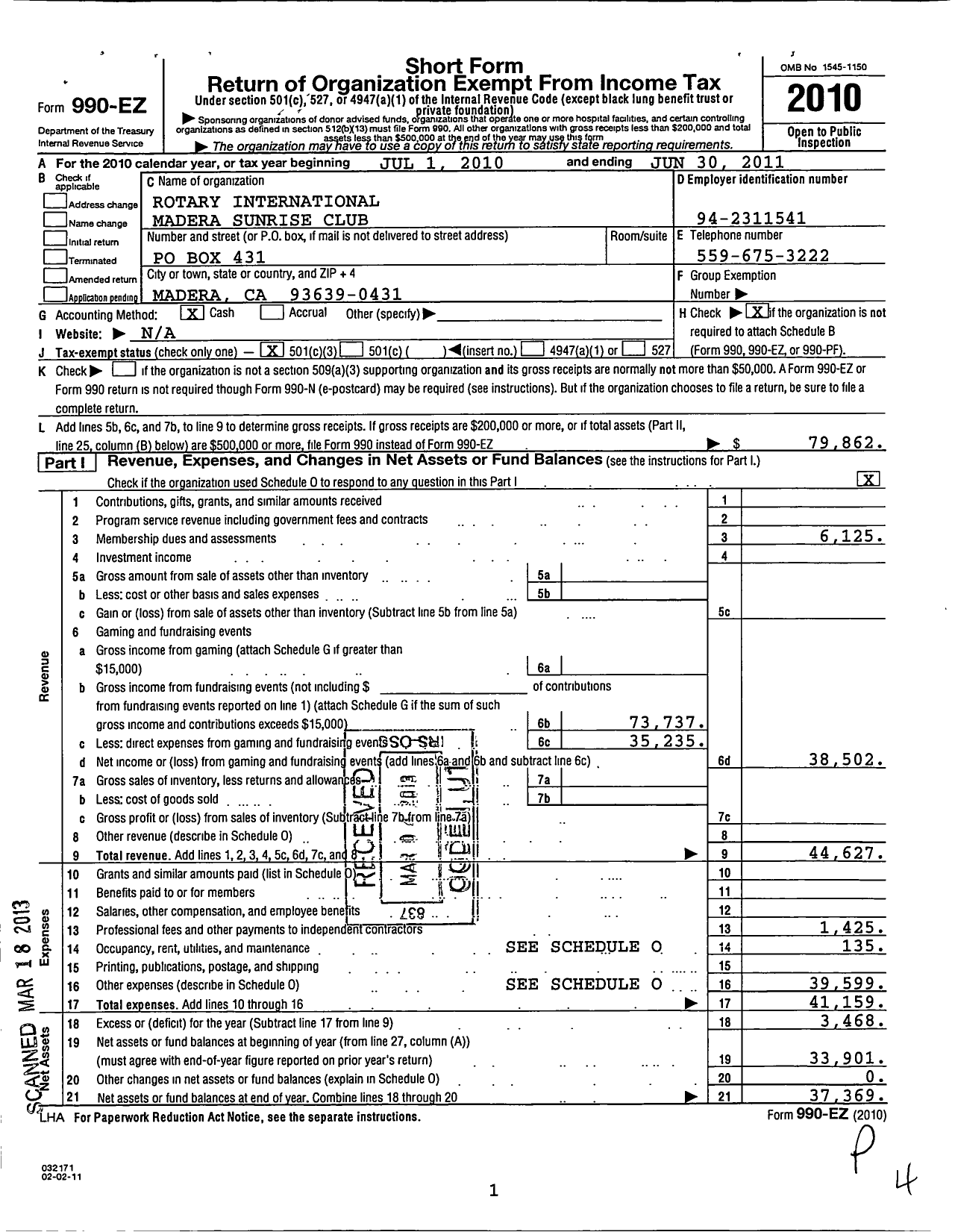 Image of first page of 2010 Form 990EZ for Rotary International Madera Sunrise Club