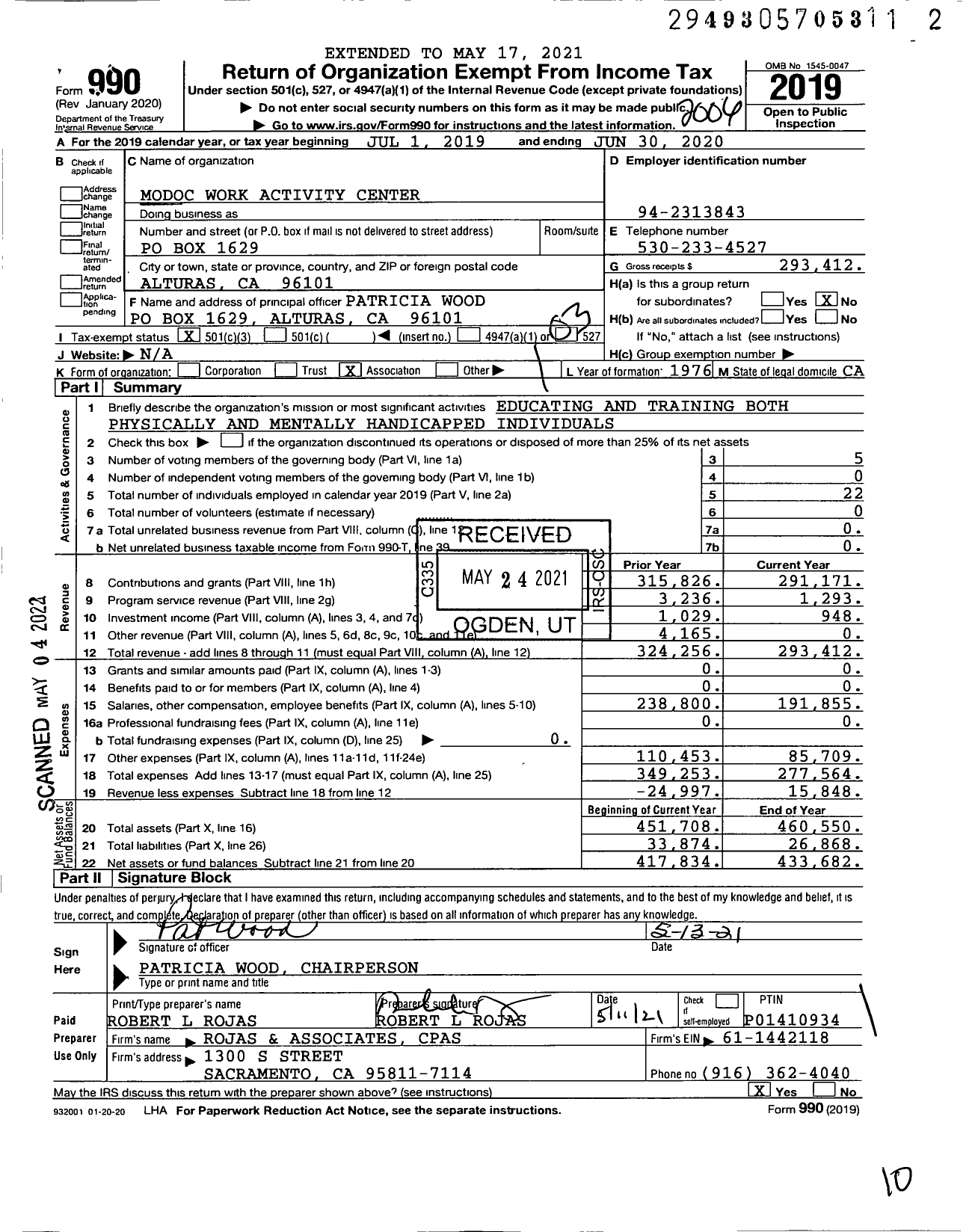 Image of first page of 2019 Form 990 for Modoc Work Activity Center