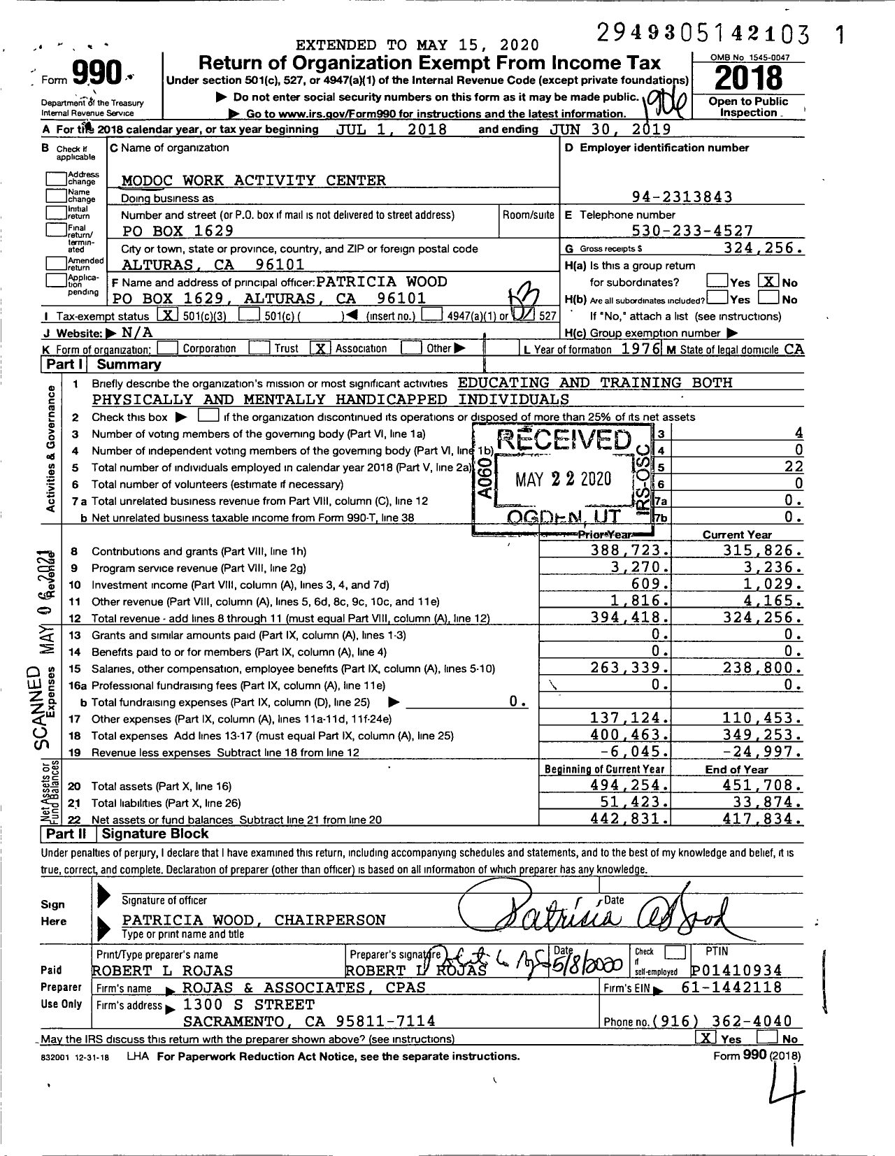 Image of first page of 2018 Form 990 for Modoc Work Activity Center