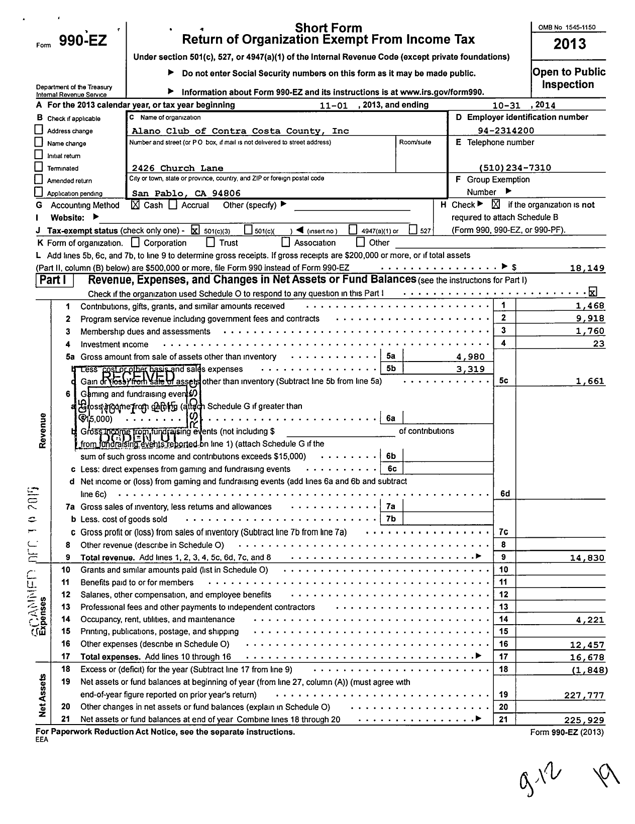 Image of first page of 2013 Form 990EZ for Alano Club of Contra Costa County